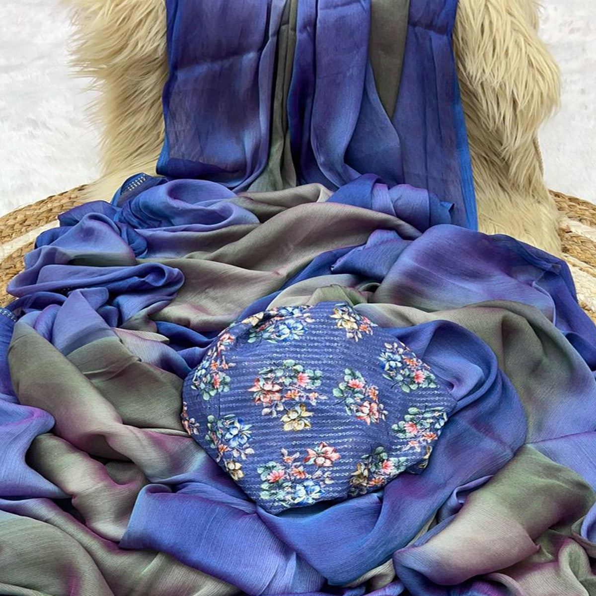 Multicolor Ombre Printed Chiffon Saree