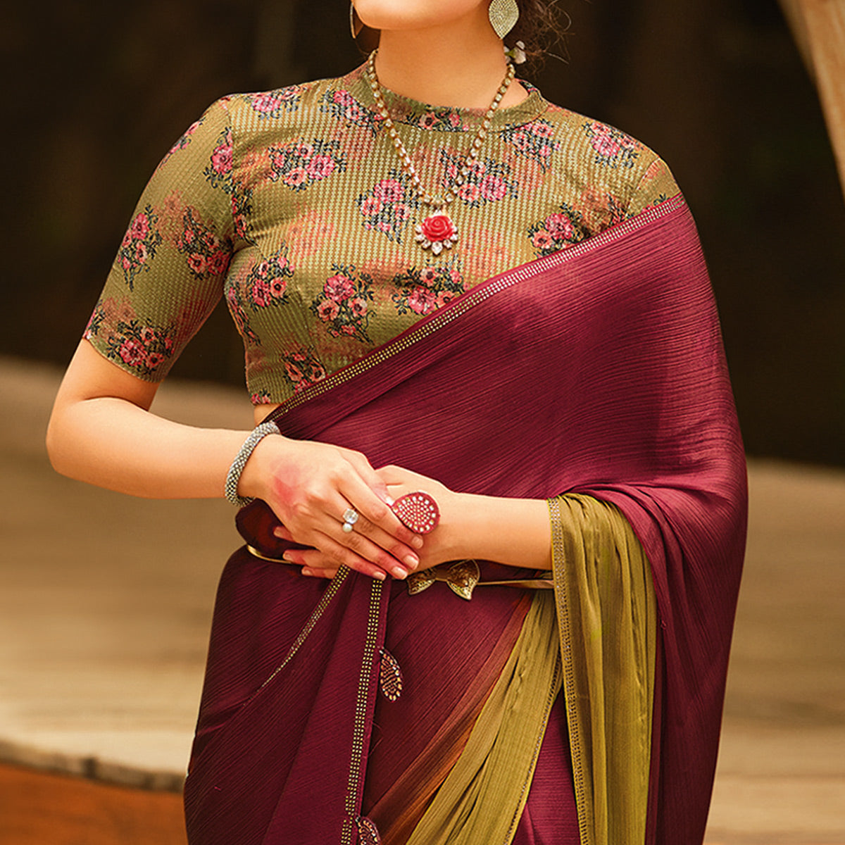 Maroon & Green Printed With Swarovski Work Chiffon Ombre Saree