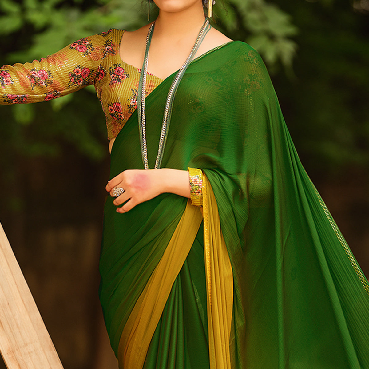 Green & Mustard Printed With Swarovski Work Chiffon Ombre Saree