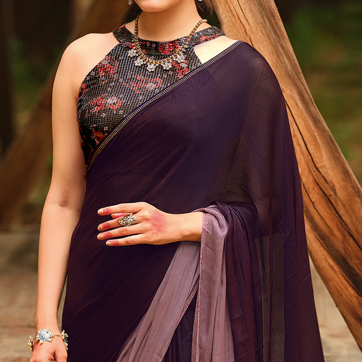 Wine Printed With Swarovski Work Chiffon Ombre Saree