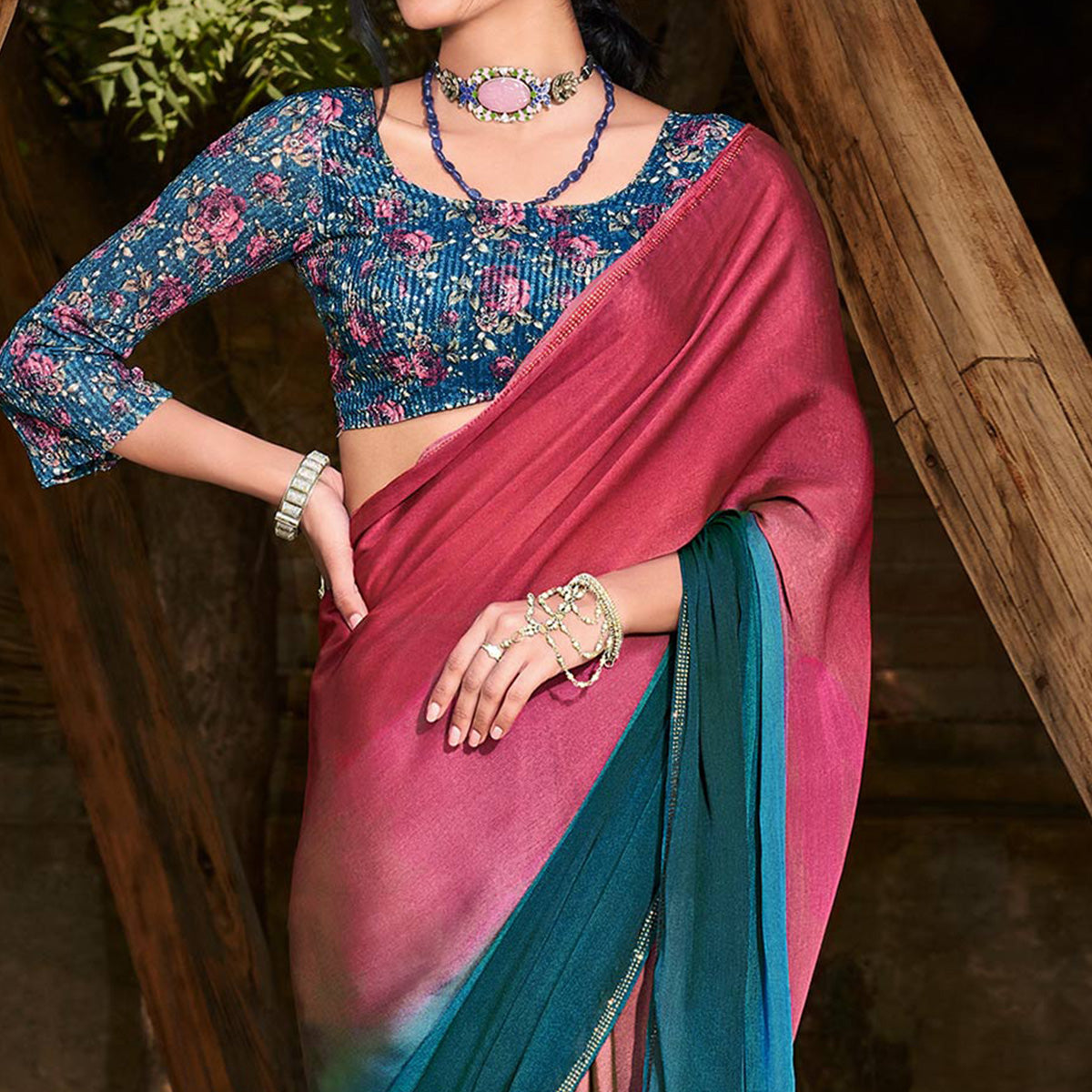 Blue & Pink Printed With Swarovski Work Chiffon Ombre Saree