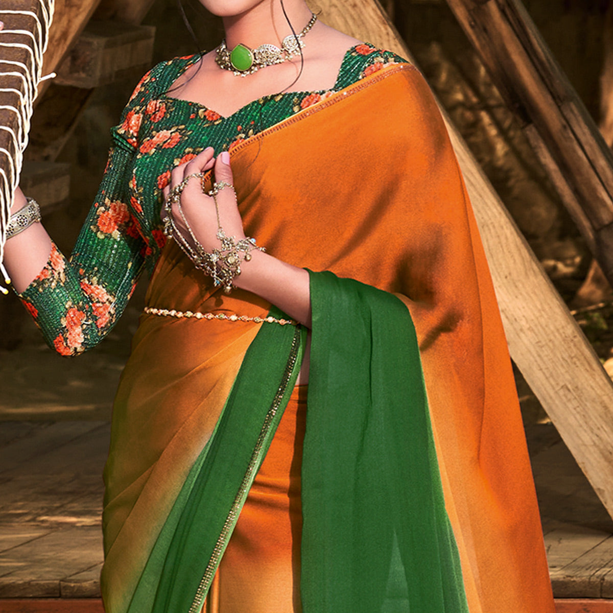 Orange & Green Printed With Swarovski Work Chiffon Ombre Saree