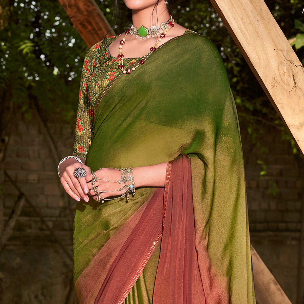 Green & Dusty Pink Printed With Swarovski Work Chiffon Ombre Saree