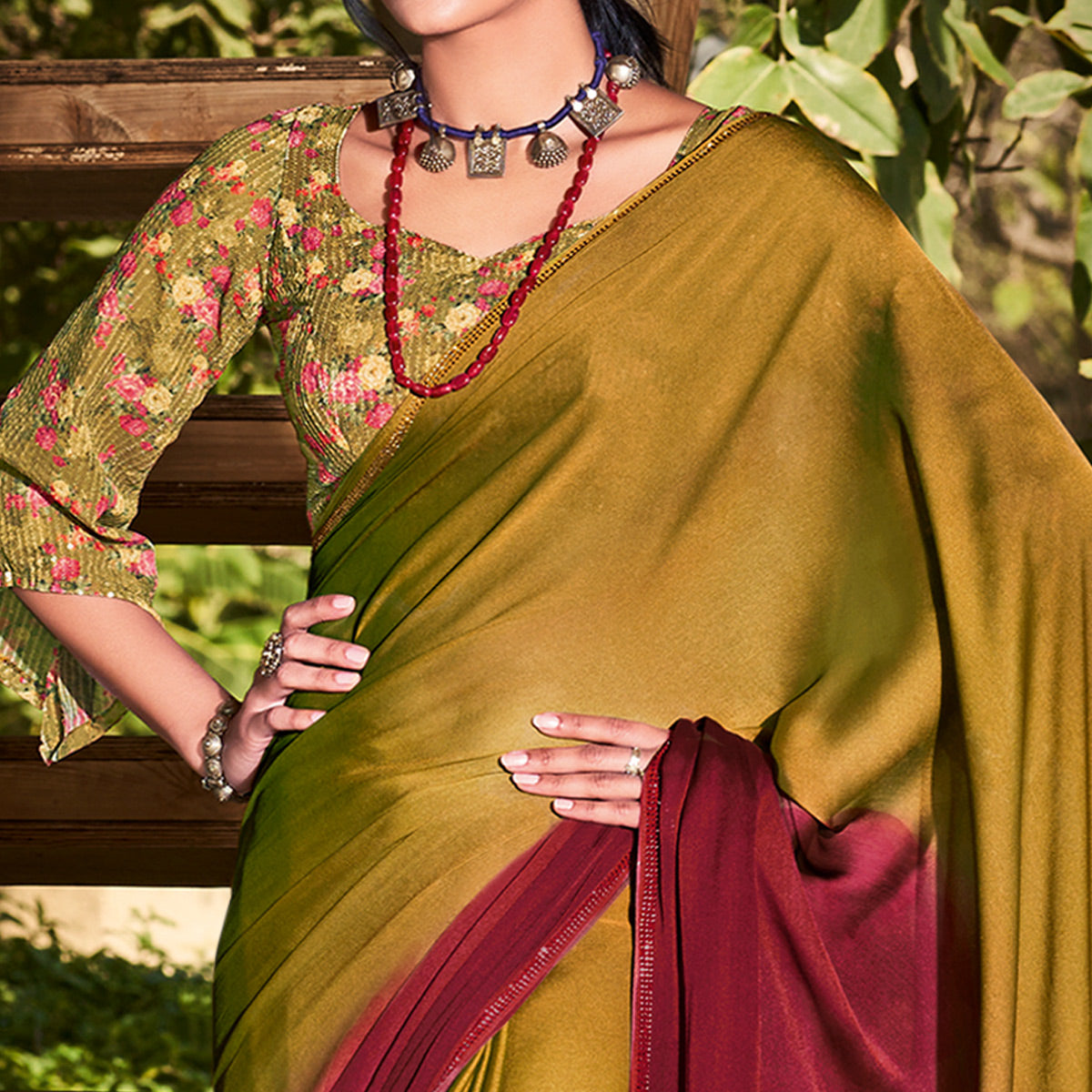 Green & Mauve Printed With Swarovski Work Chiffon Ombre Saree