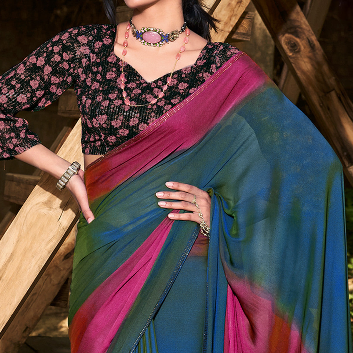 Blue & Pink Printed With Swarovski Work Chiffon Ombre Saree