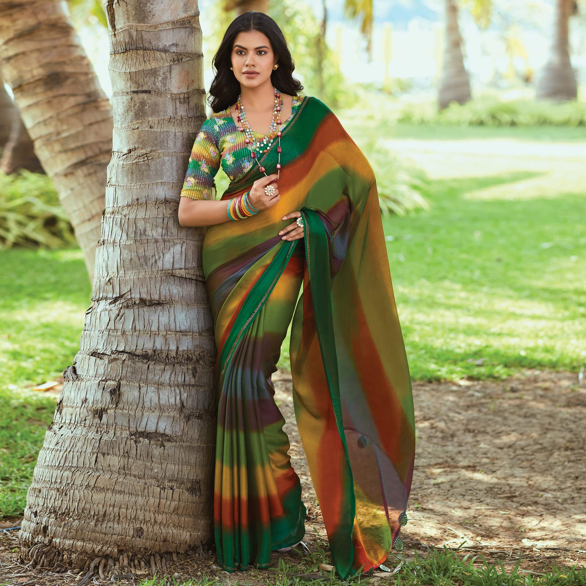 Multicolor Striped Printed Chiffon Saree