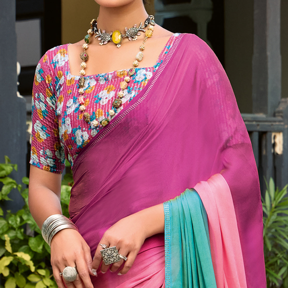 Pink & Turquoise Ombre Print Chiffon Sarees