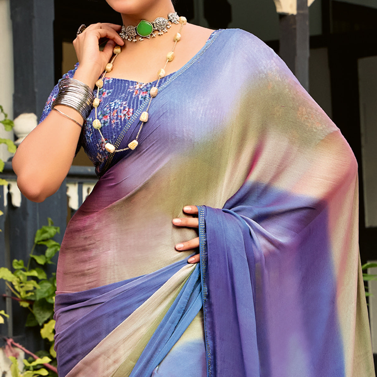 Violet Ombre Print Chiffon Sarees
