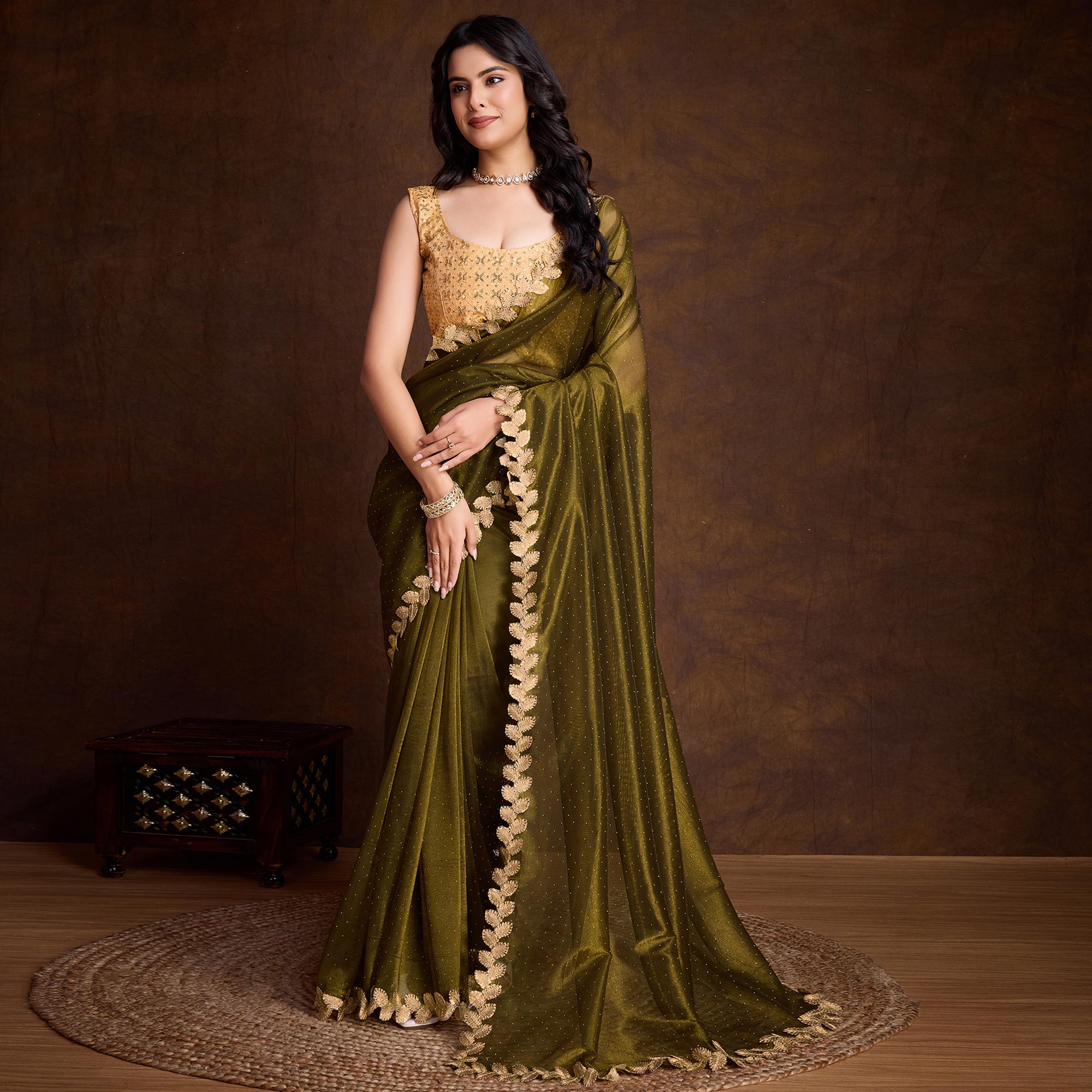 Mehandi Green Swarovski Work Shimmer Net Saree