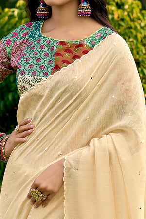 Timeless Cream Cotton Blend Drape Highlighted With Shimmering Mirror Embroidery Work