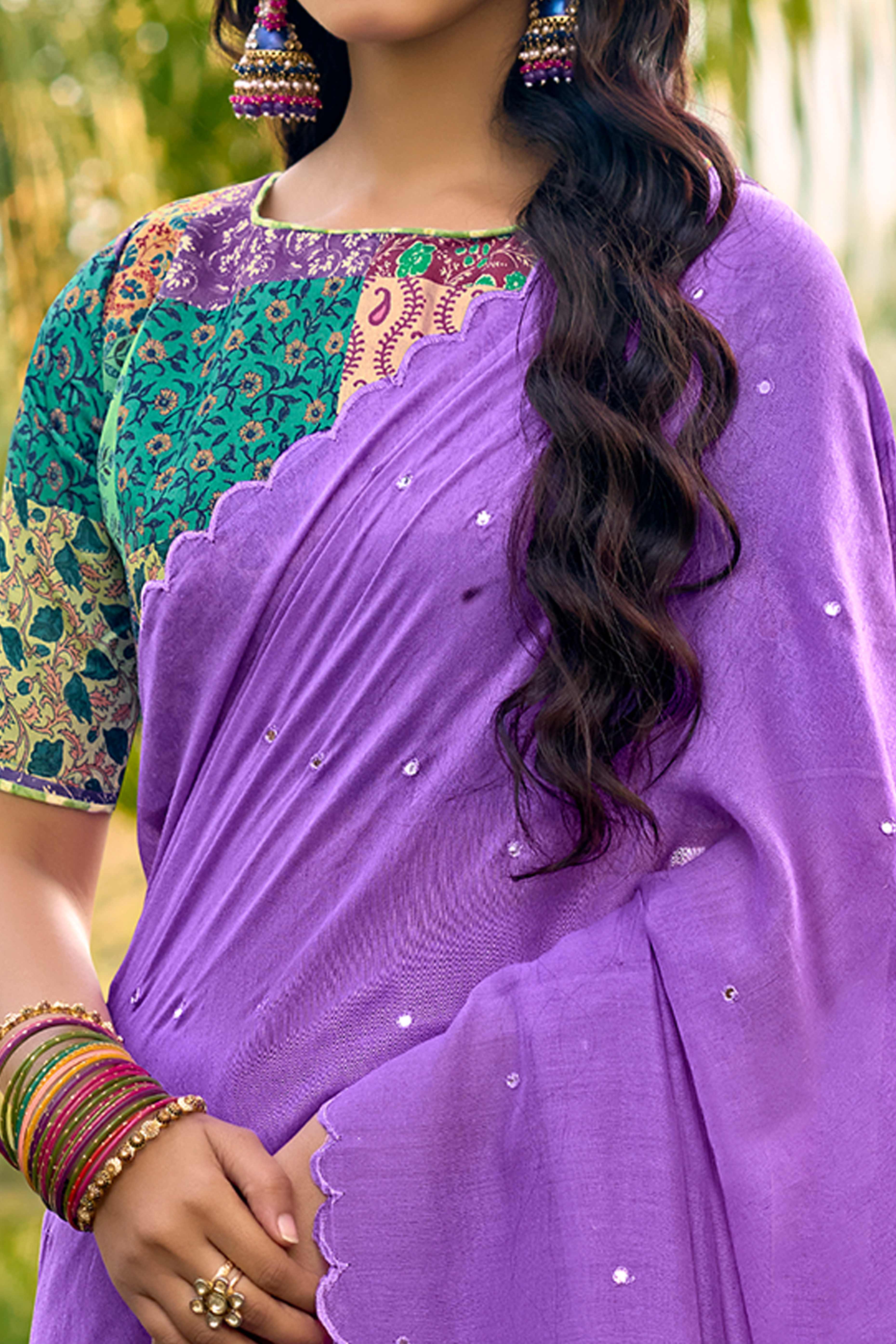 Timeless Purple Cotton Blend Drape Highlighted With Shimmering Mirror Embroidery Work