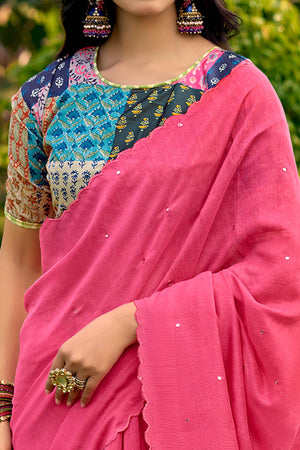Timeless Pink Cotton Blend Drape Highlighted With Shimmering Mirror Embroidery Work