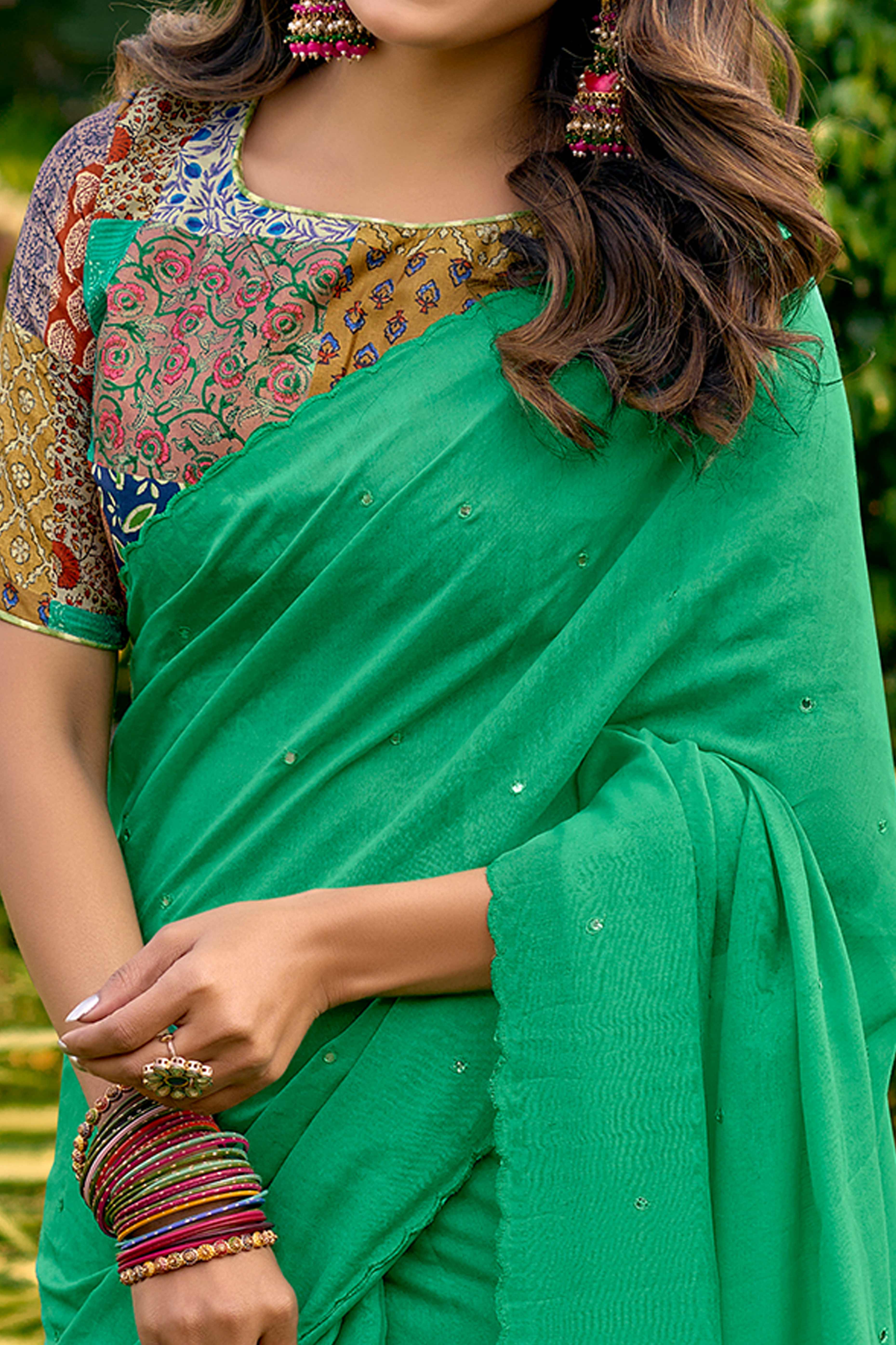 Timeless Mint Green Cotton Blend Drape Highlighted With Shimmering Mirror Embroidery Work