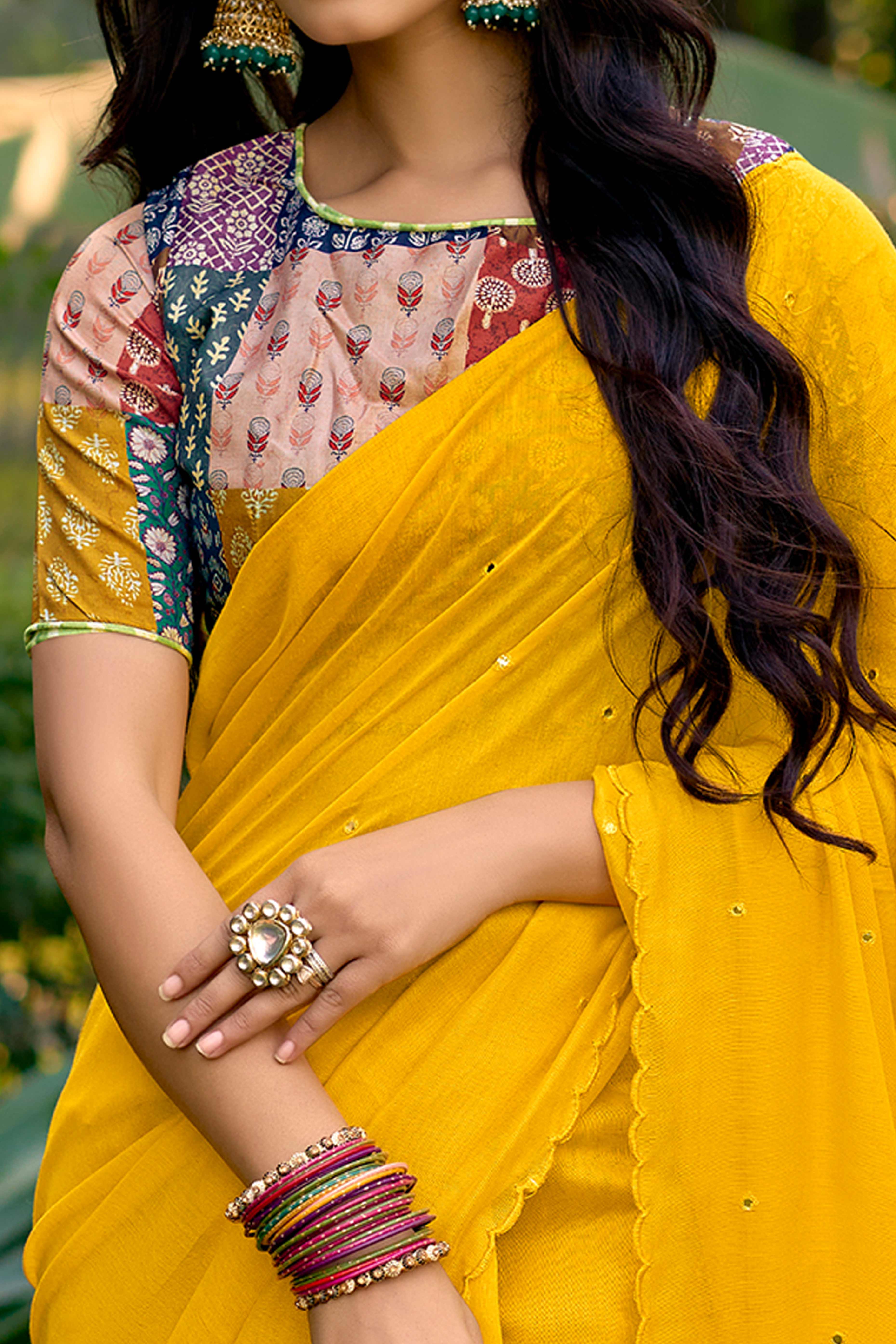 Timeless Yellow Cotton Blend Drape Highlighted With Shimmering Mirror Embroidery Work