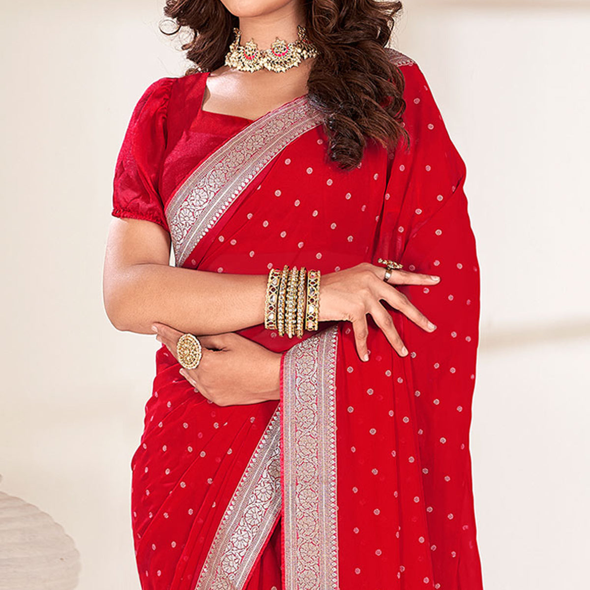 Red Foil Printed With Woven Border Georgette Saree