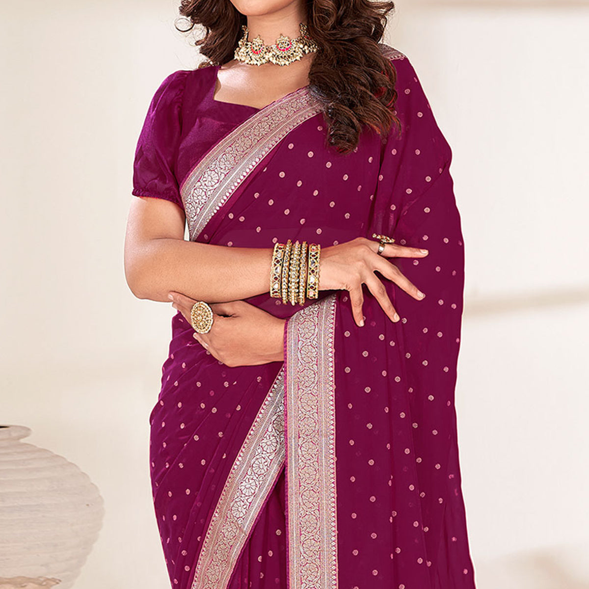 Purple Foil Printed With Woven Border Georgette Saree