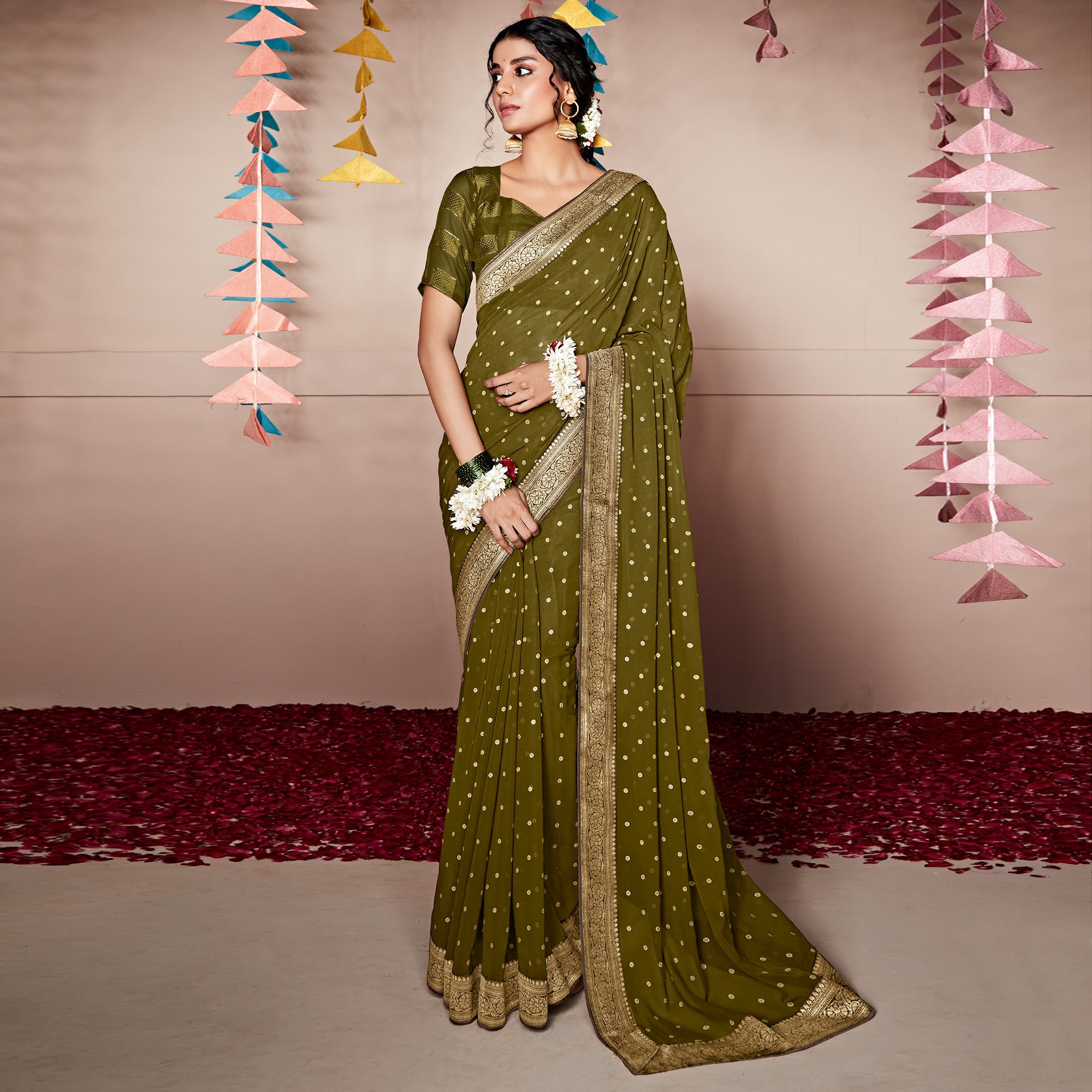 Mehendi Green Foil Printed With Woven Border Georgette Saree