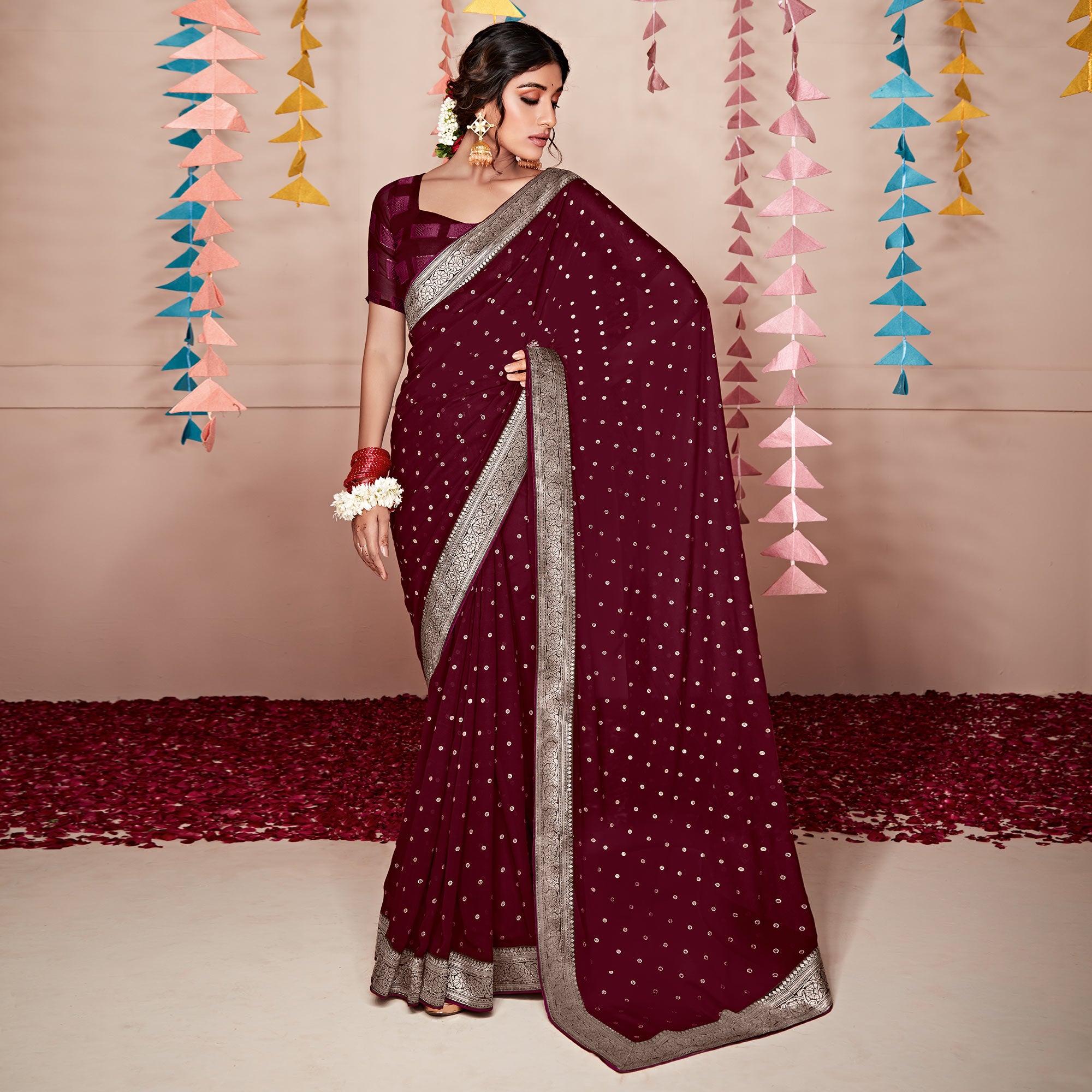 Maroon Foil Printed With Woven Border Georgette Saree