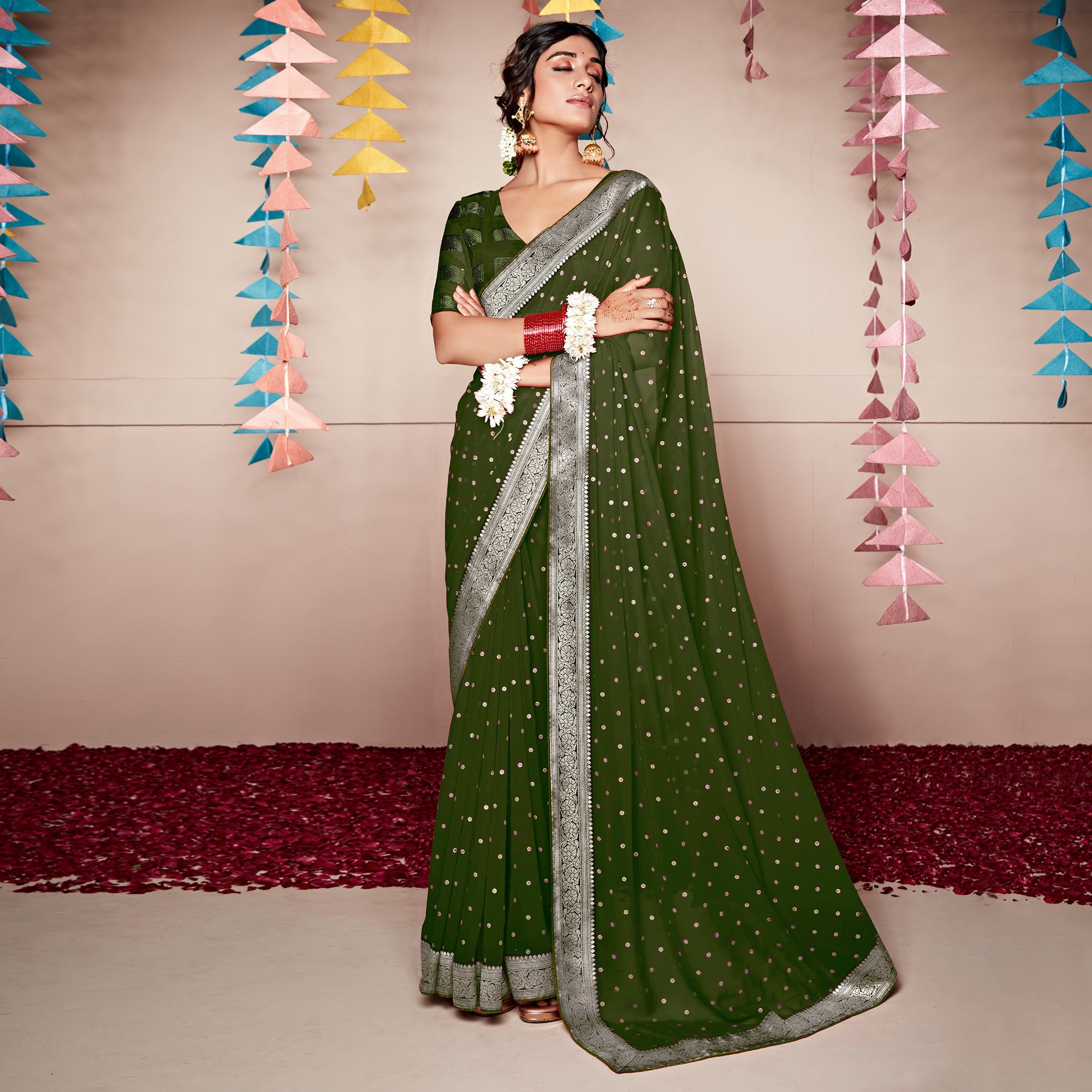 Green Foil Printed With Woven Border Georgette Saree