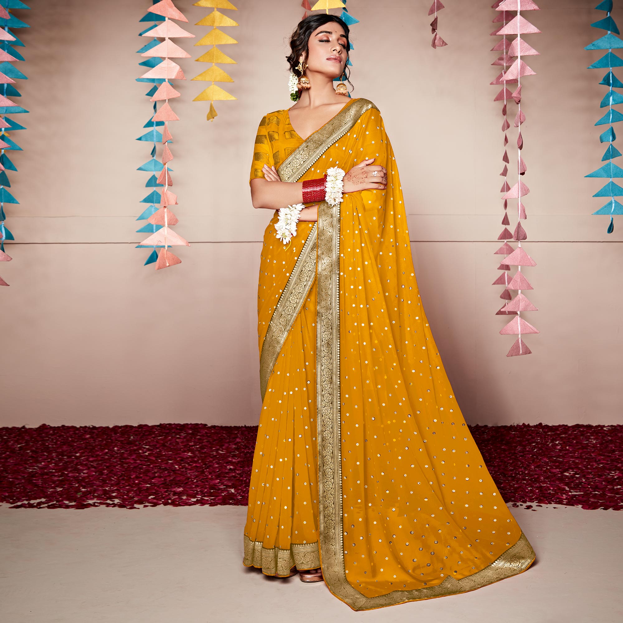 Mustard Foil Printed With Woven Border Georgette Saree