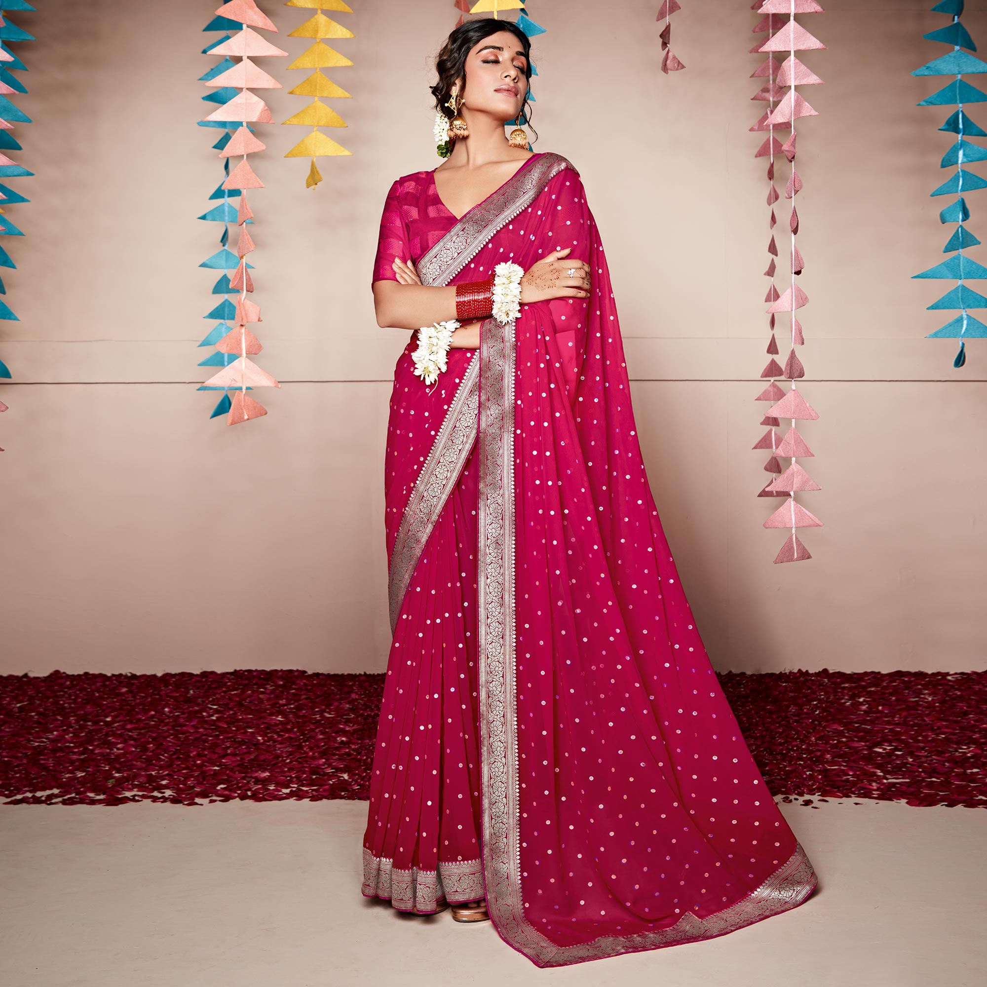 Pink Foil Printed With Woven Border Georgette Saree