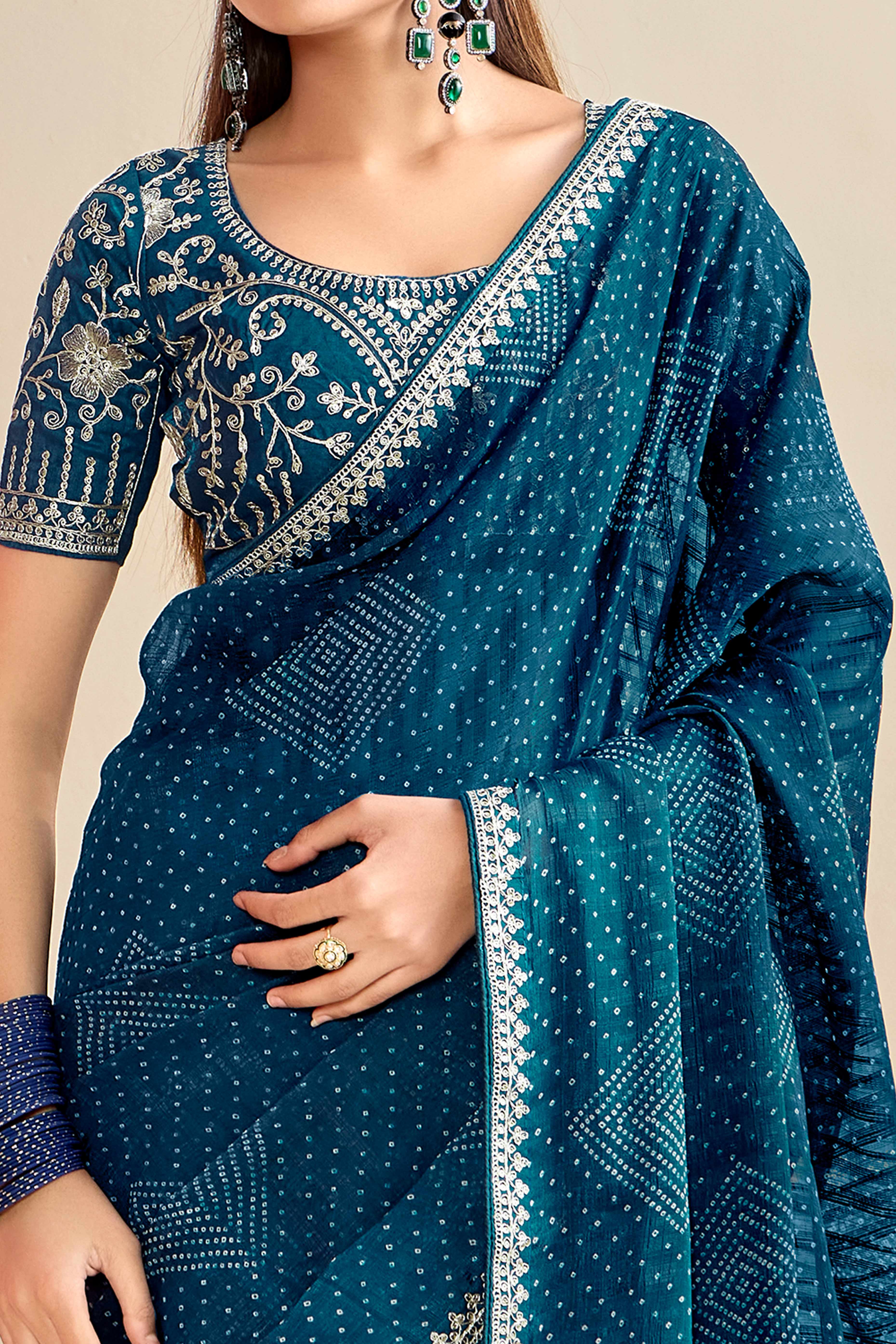 Dark Teal Blue Bandhani Printed Charm In Georgette With Sparkling Sequin Embroidered Border