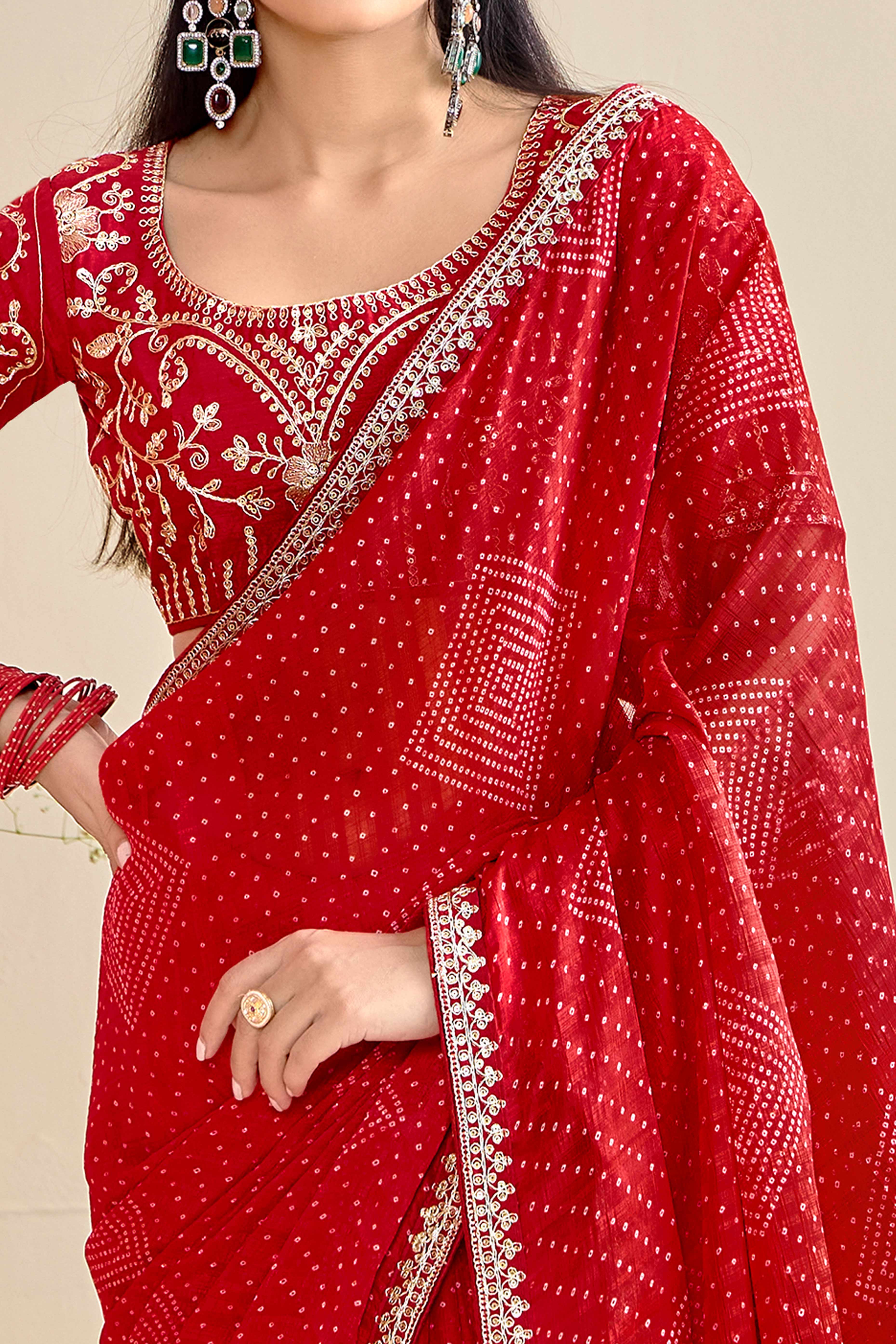 Bright Red Bandhani Printed Charm In Georgette With Sparkling Sequin Embroidered Border