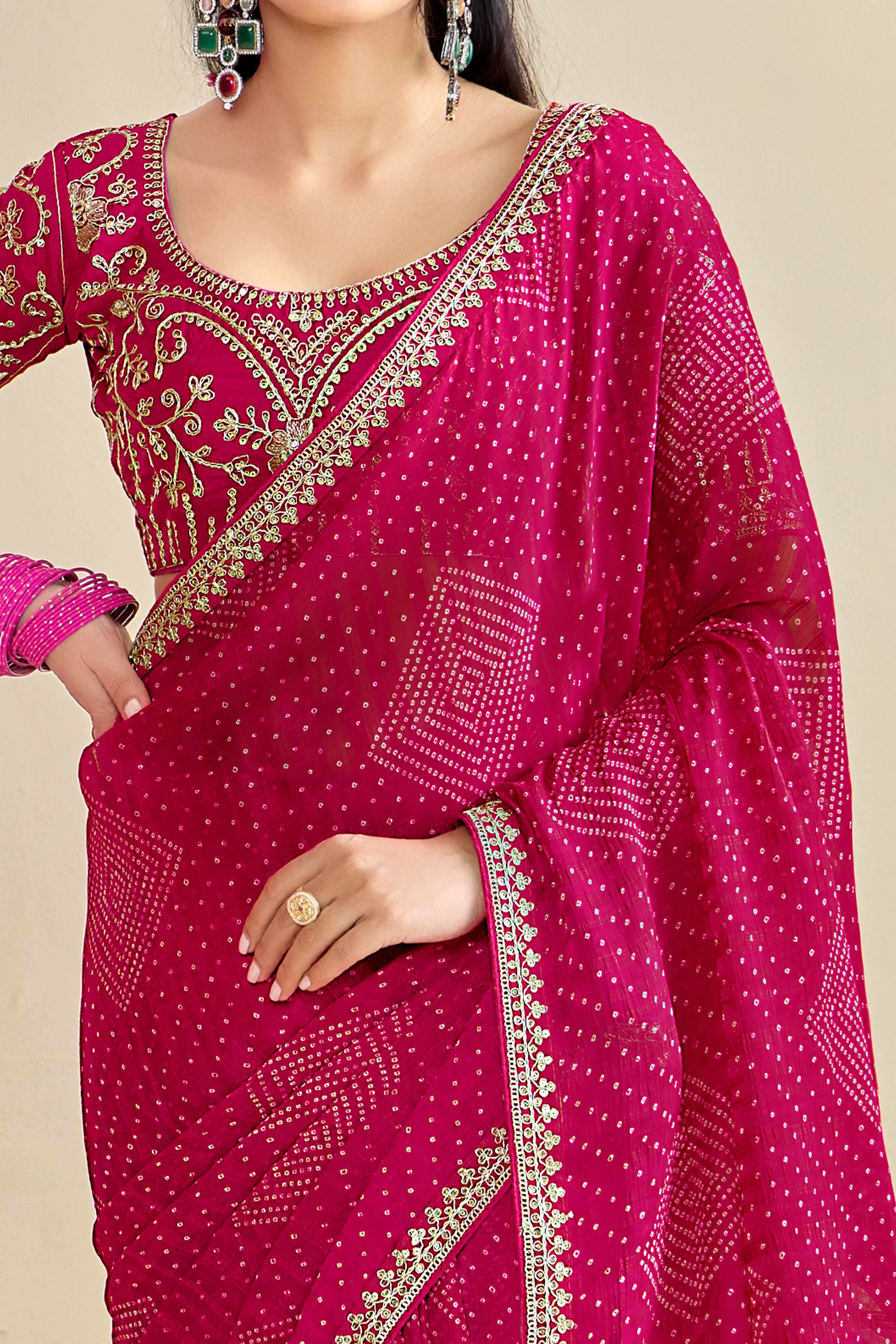 Rani Pink Bandhani Printed Charm In Georgette With Sparkling Sequin Embroidered Border