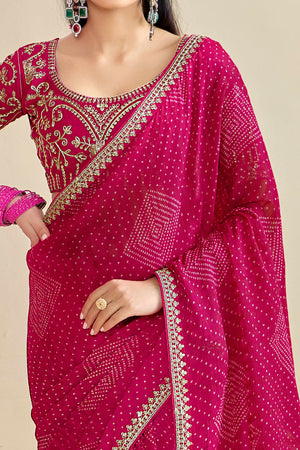 Rani Pink Bandhani Printed Charm In Georgette With Sparkling Sequin Embroidered Border