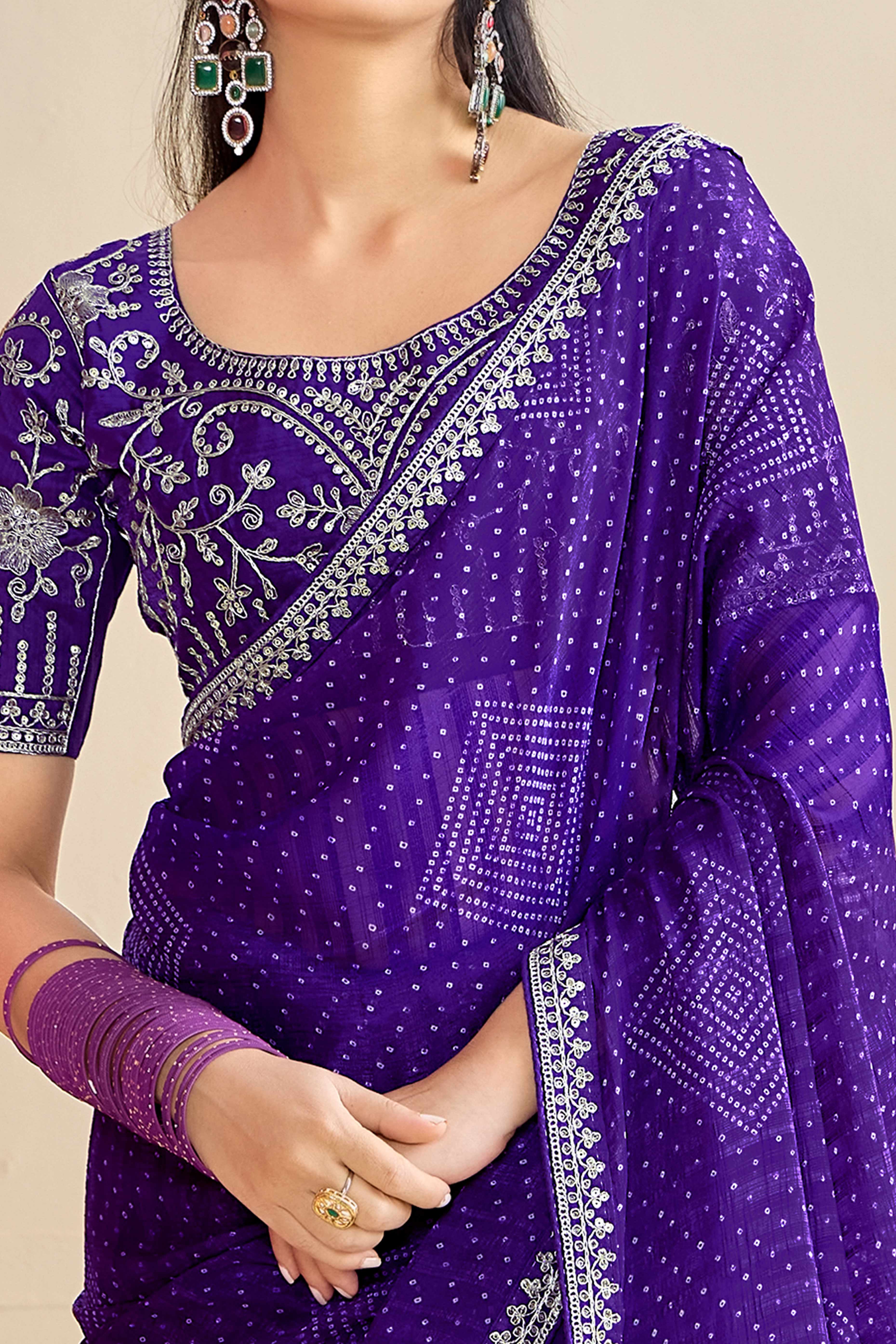 Royal Purple Bandhani Printed Charm In Georgette With Sparkling Sequin Embroidered Border