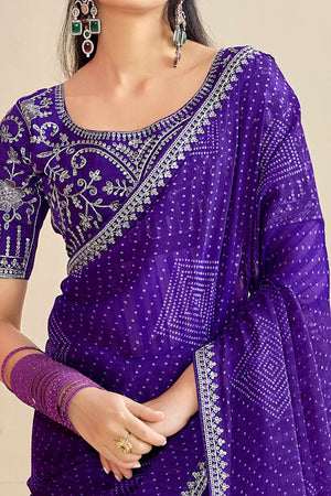 Royal Purple Bandhani Printed Charm In Georgette With Sparkling Sequin Embroidered Border