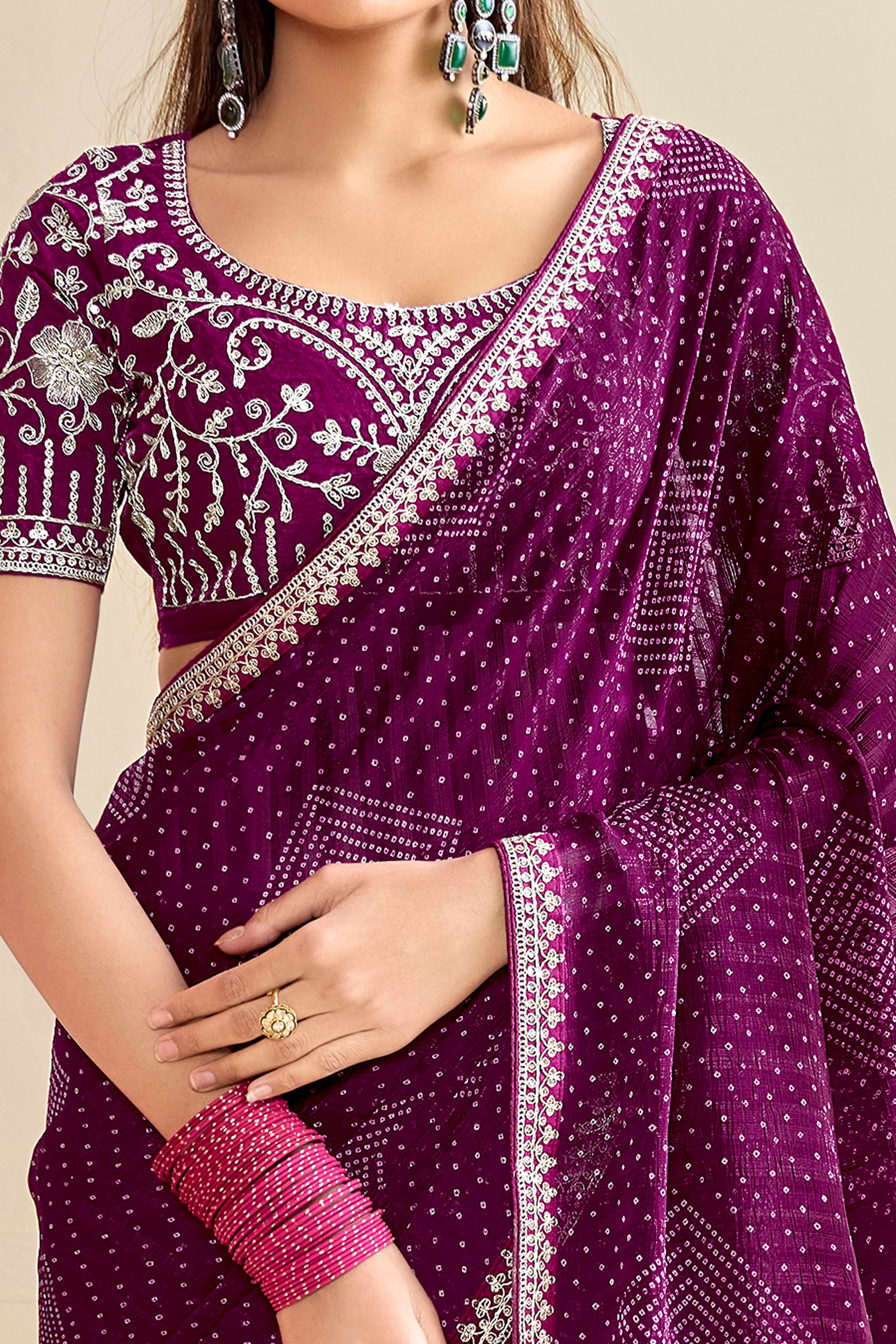 Wine Bandhani Printed Charm In Georgette With Sparkling Sequin Embroidered Border
