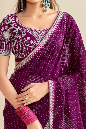 Wine Bandhani Printed Charm In Georgette With Sparkling Sequin Embroidered Border