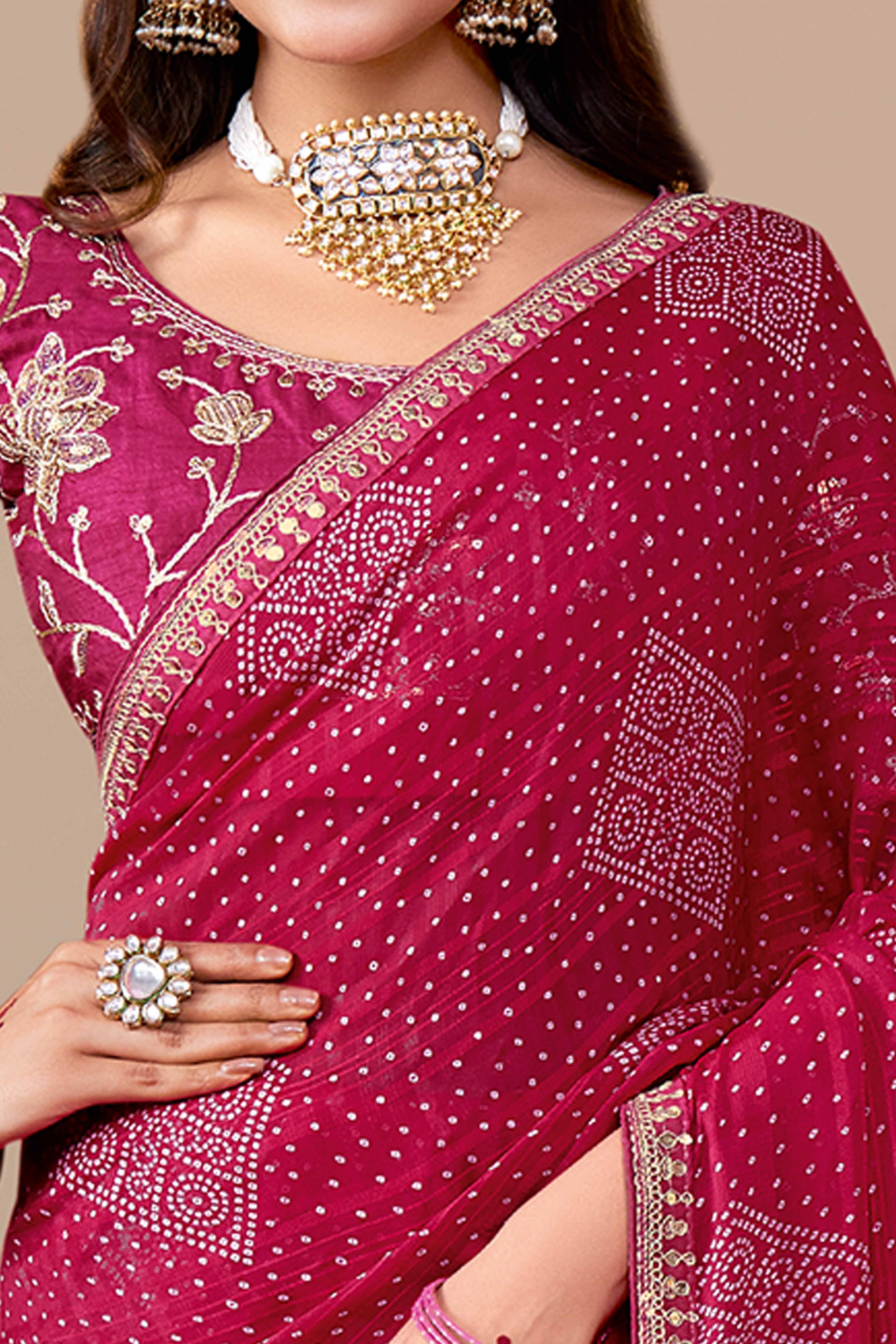 Rani Pink Bandhani Printed Georgette Saree Enhanced With Sequins & Cording Embroidered Lace Border