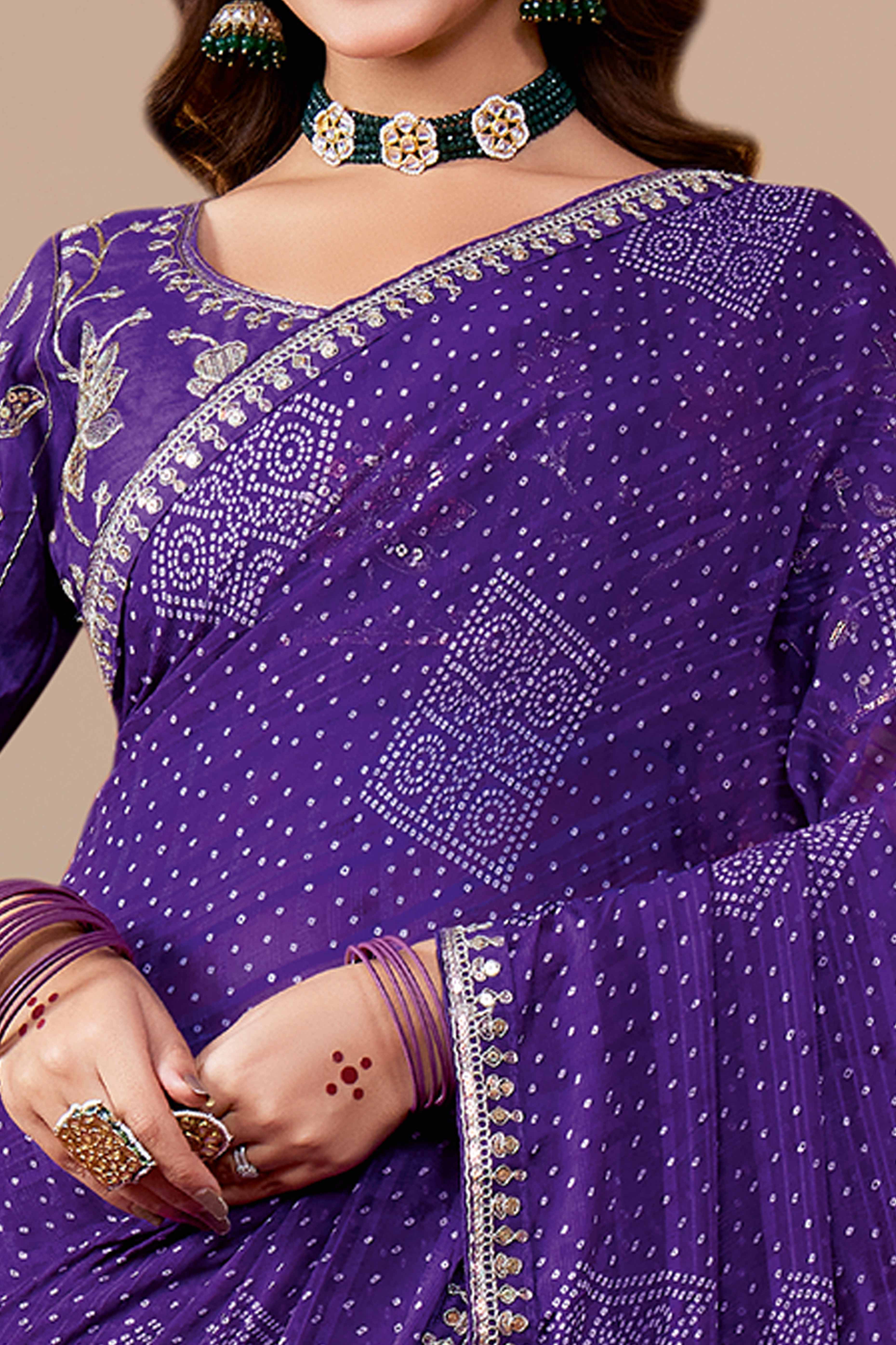 Royal Purple Bandhani Printed Georgette Saree Enhanced With Sequins & Cording Embroidered Border