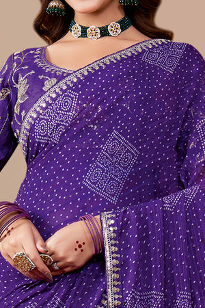 Royal Purple Bandhani Printed Georgette Saree Enhanced With Sequins & Cording Embroidered Border