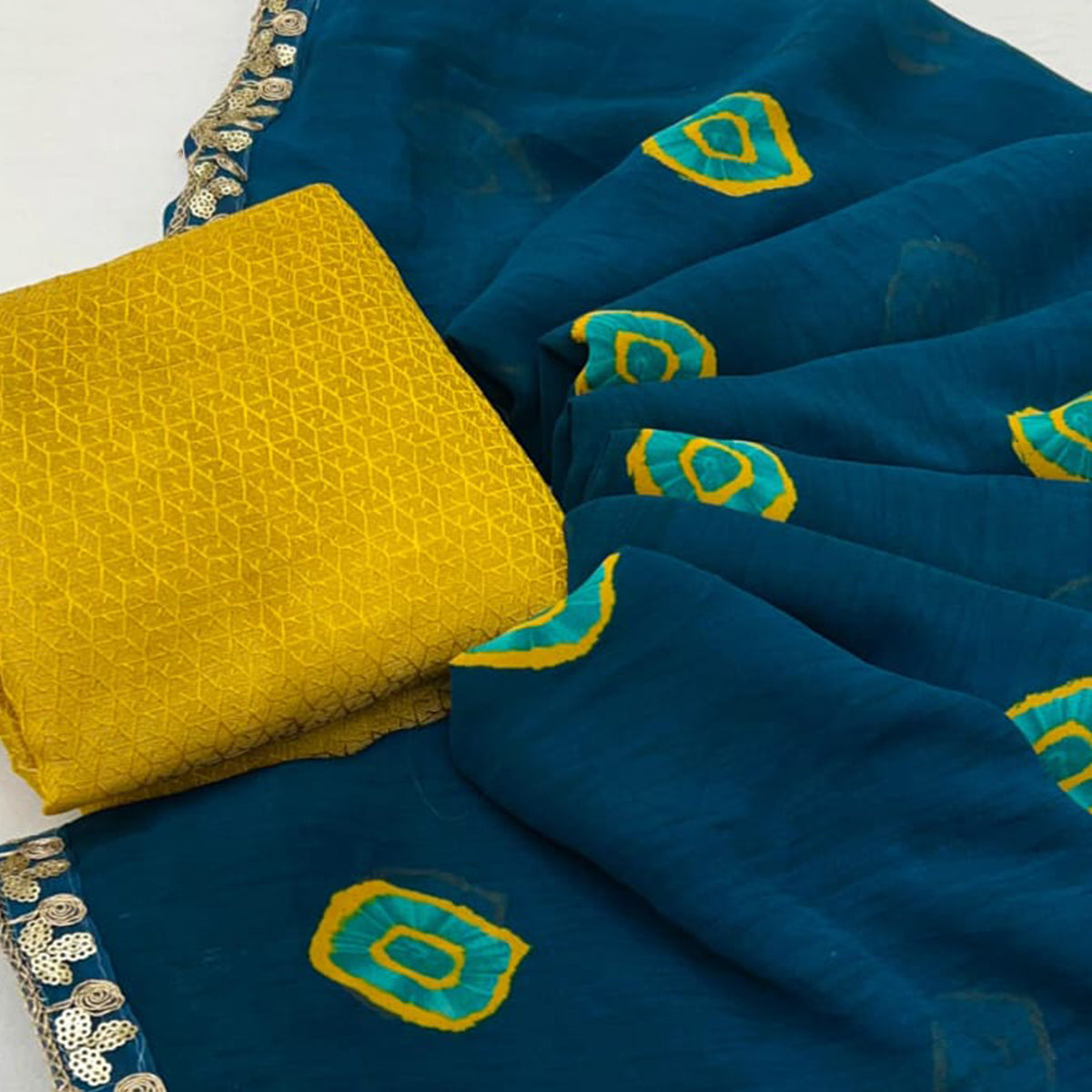 Teal Bandhani Printed Georgette Saree With Sequins Border