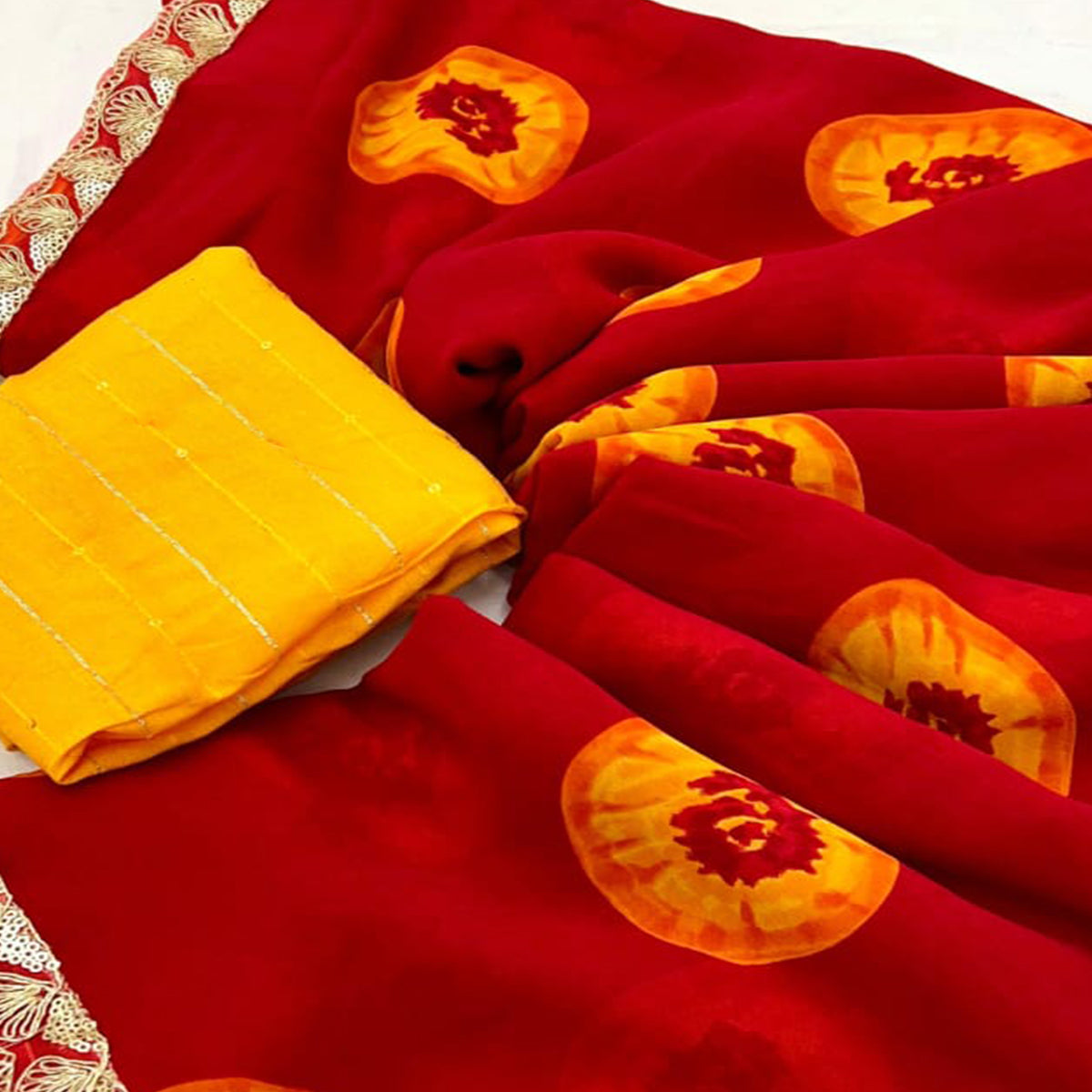 Red Bandhani Printed Georgette Saree With Sequins Border
