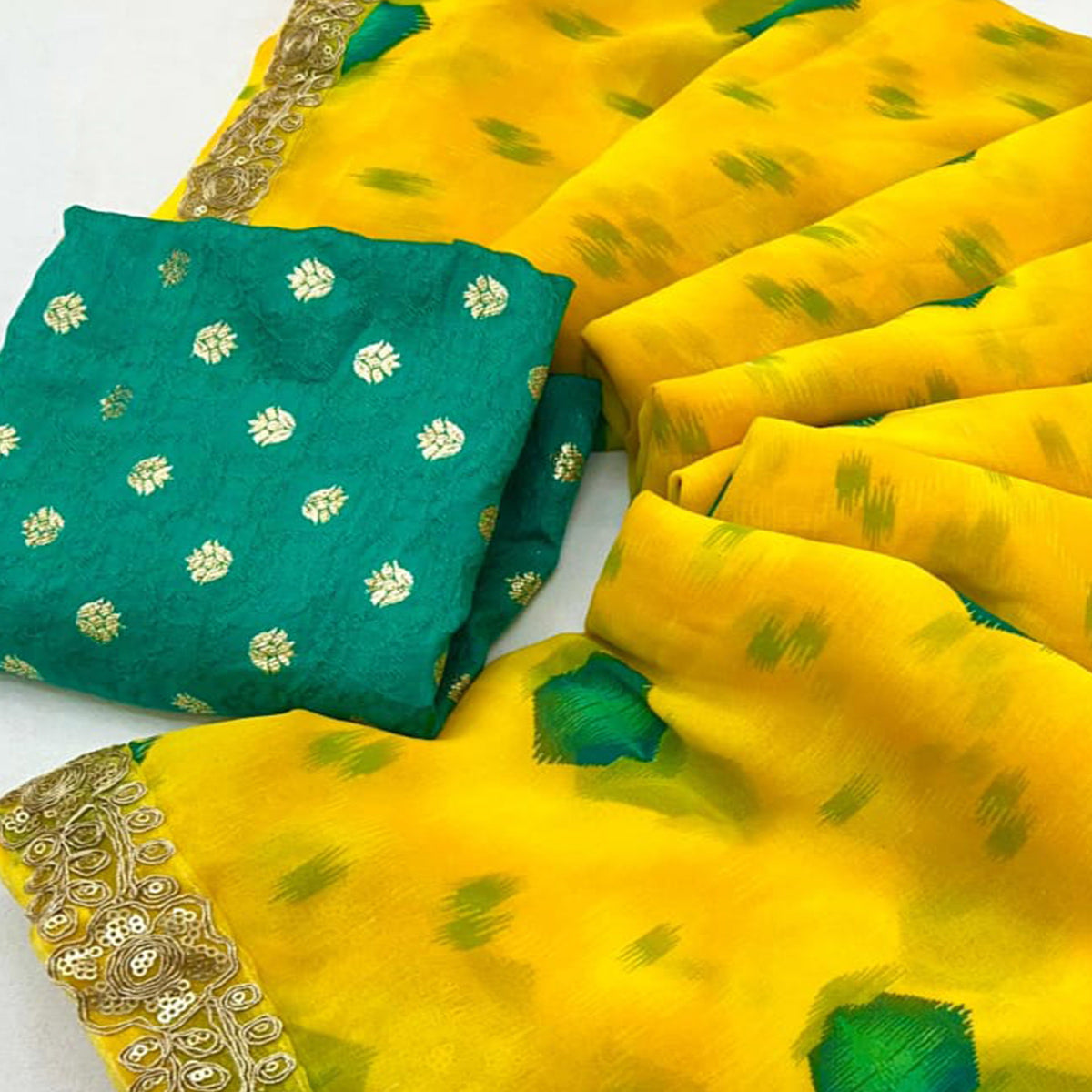 Yellow Bandhani Printed Georgette Saree With Sequins Border