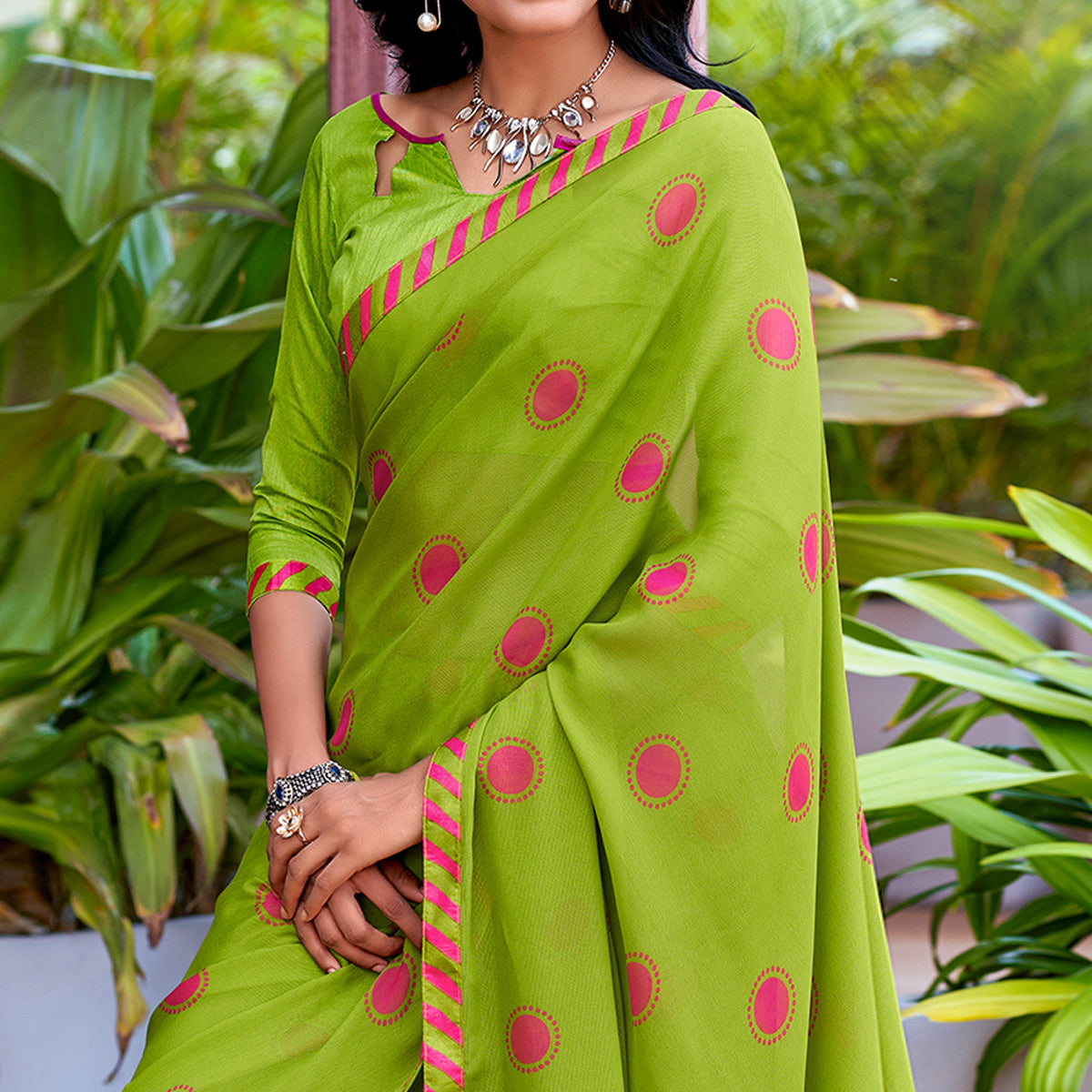 Green Printed Georgette Saree