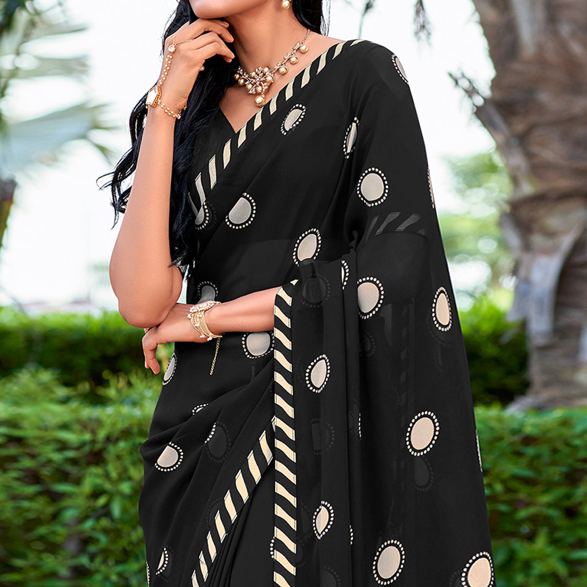 Black Printed Georgette Saree