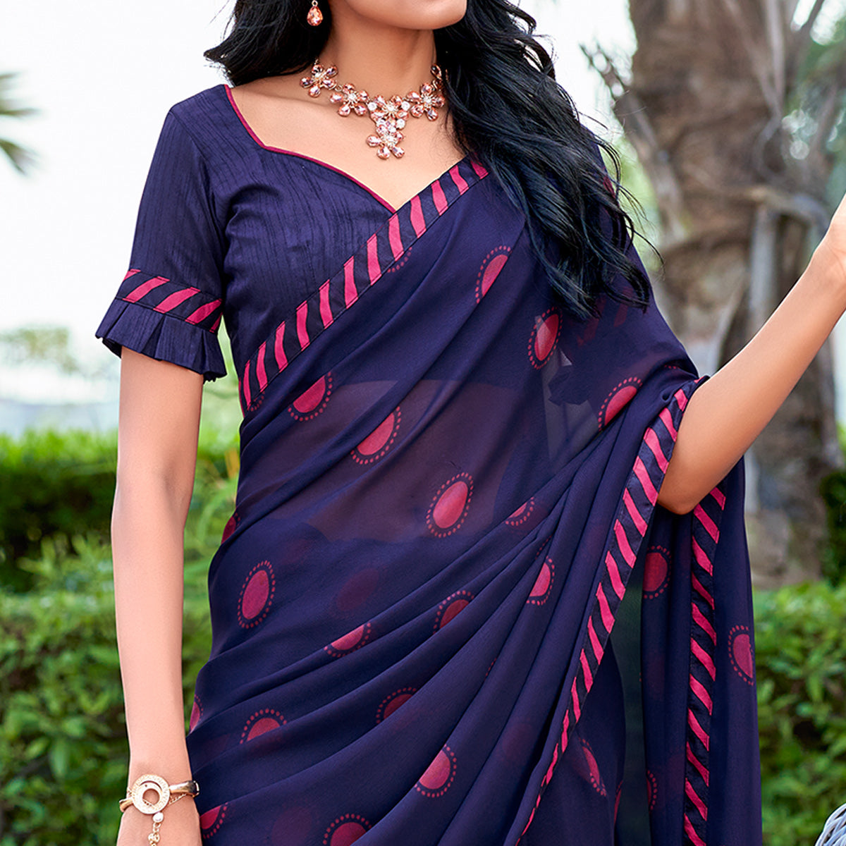Blue Printed Georgette Saree