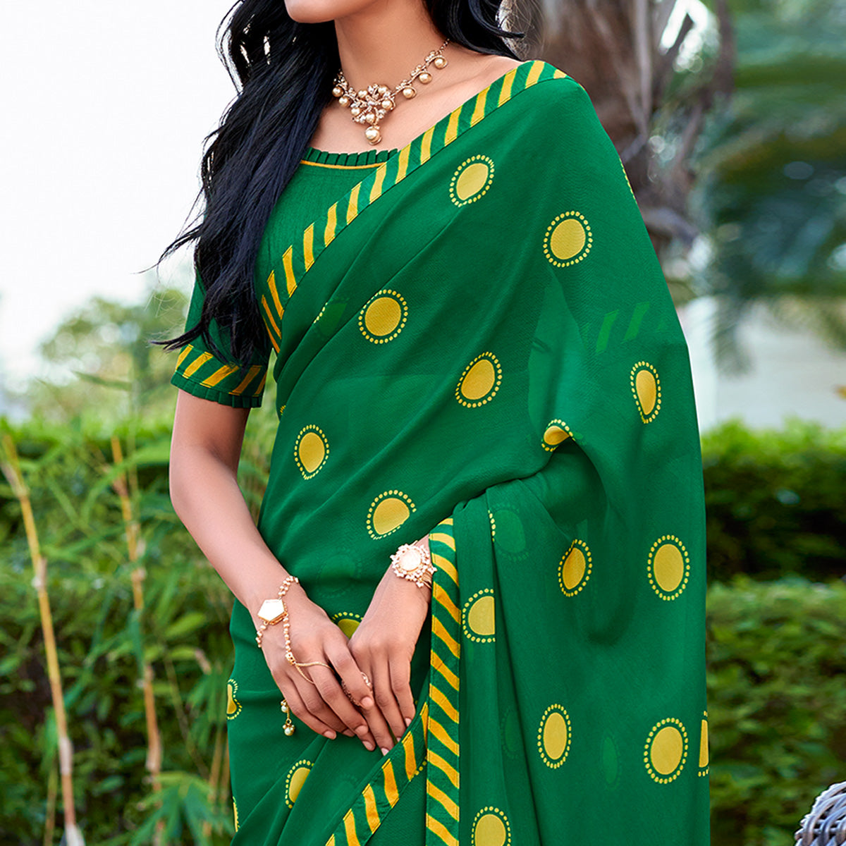 Dark Green Printed Georgette Saree