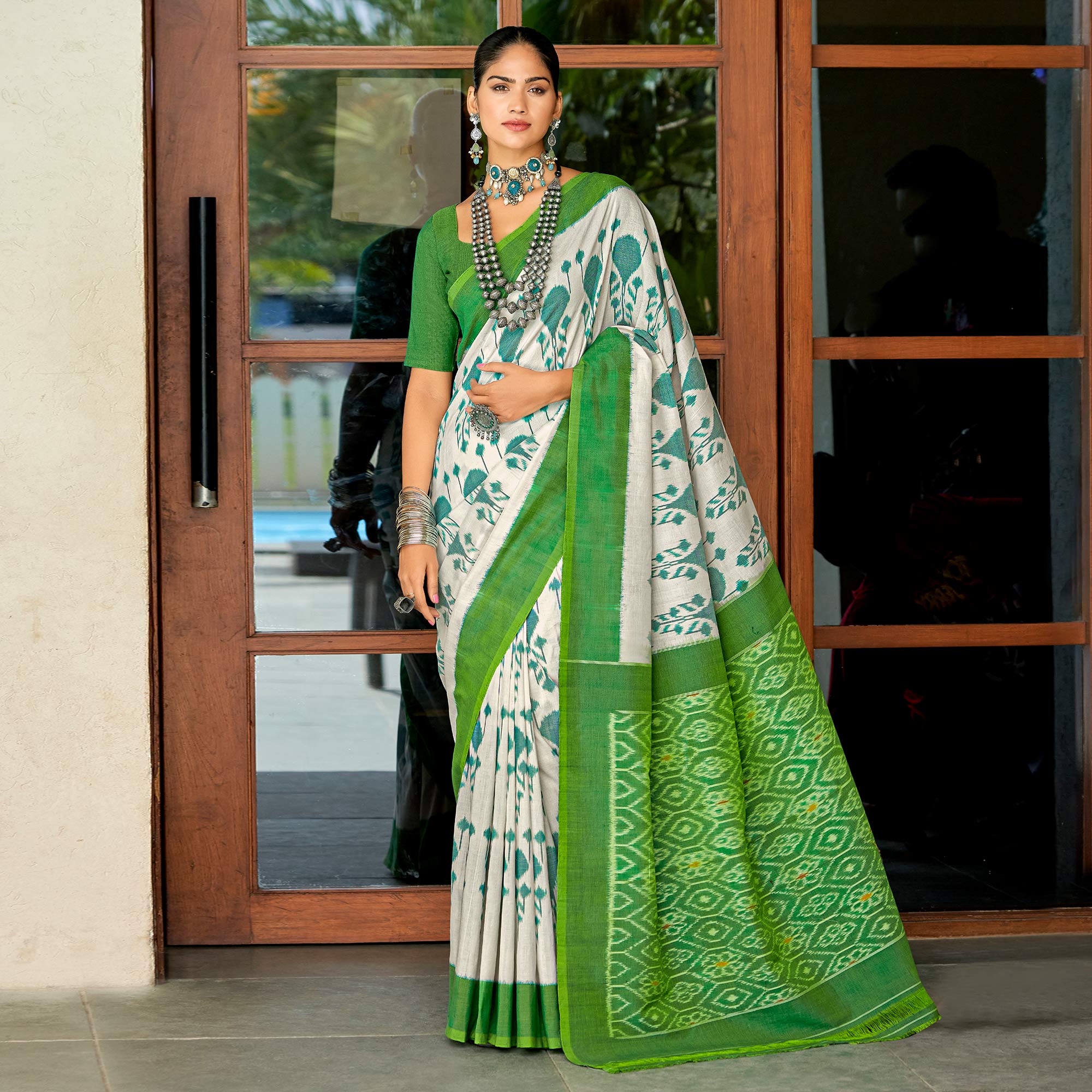 White & Green Ikkat Printed Mulmul Cotton Saree