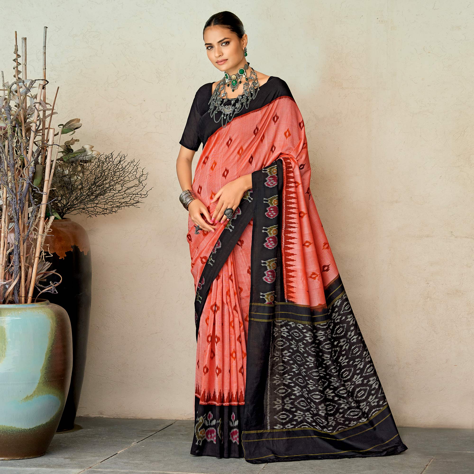 Peach & Black Ikkat Printed Mulmul Cotton Saree