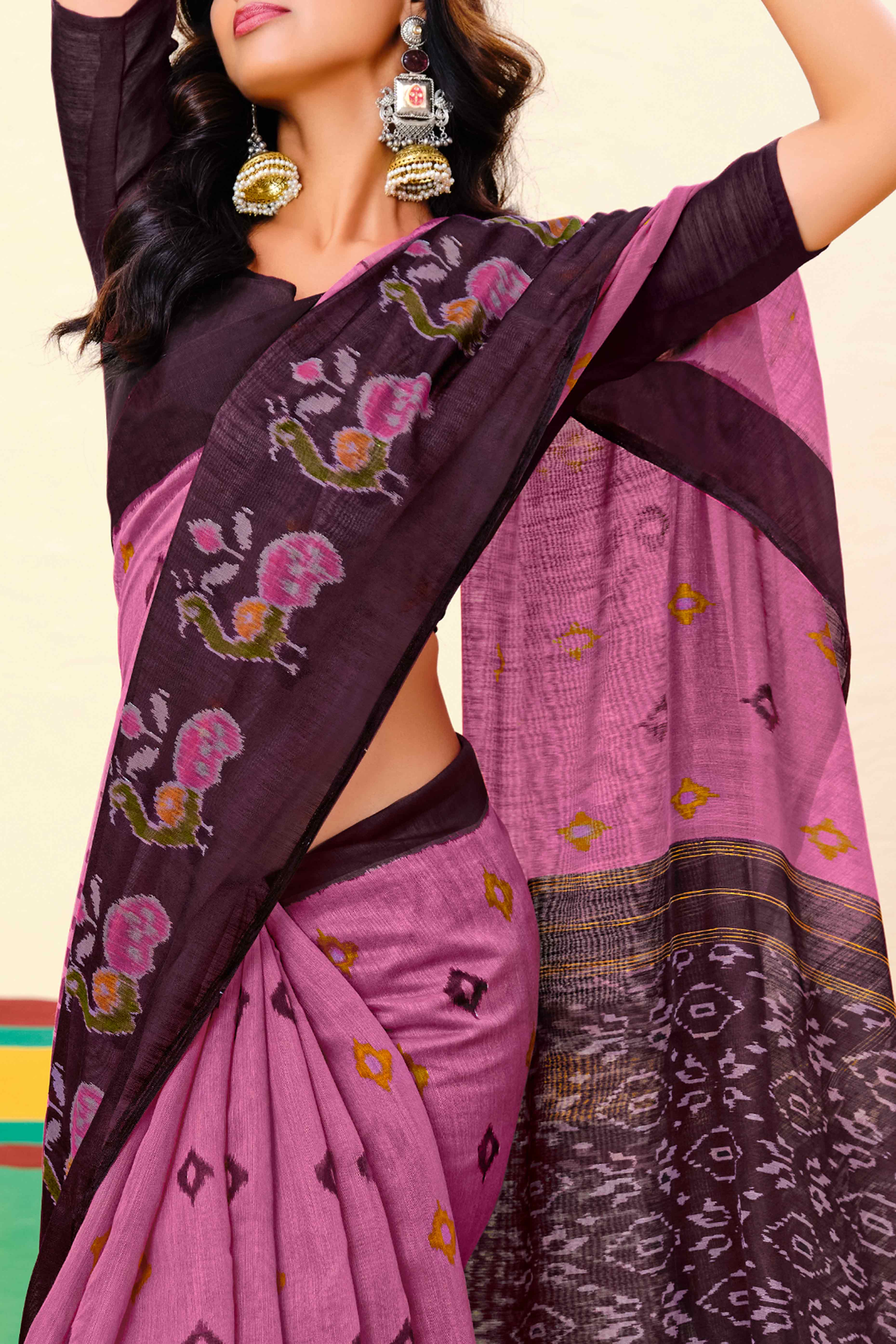 Pink Ikkat Printed Mulmul Cotton Saree