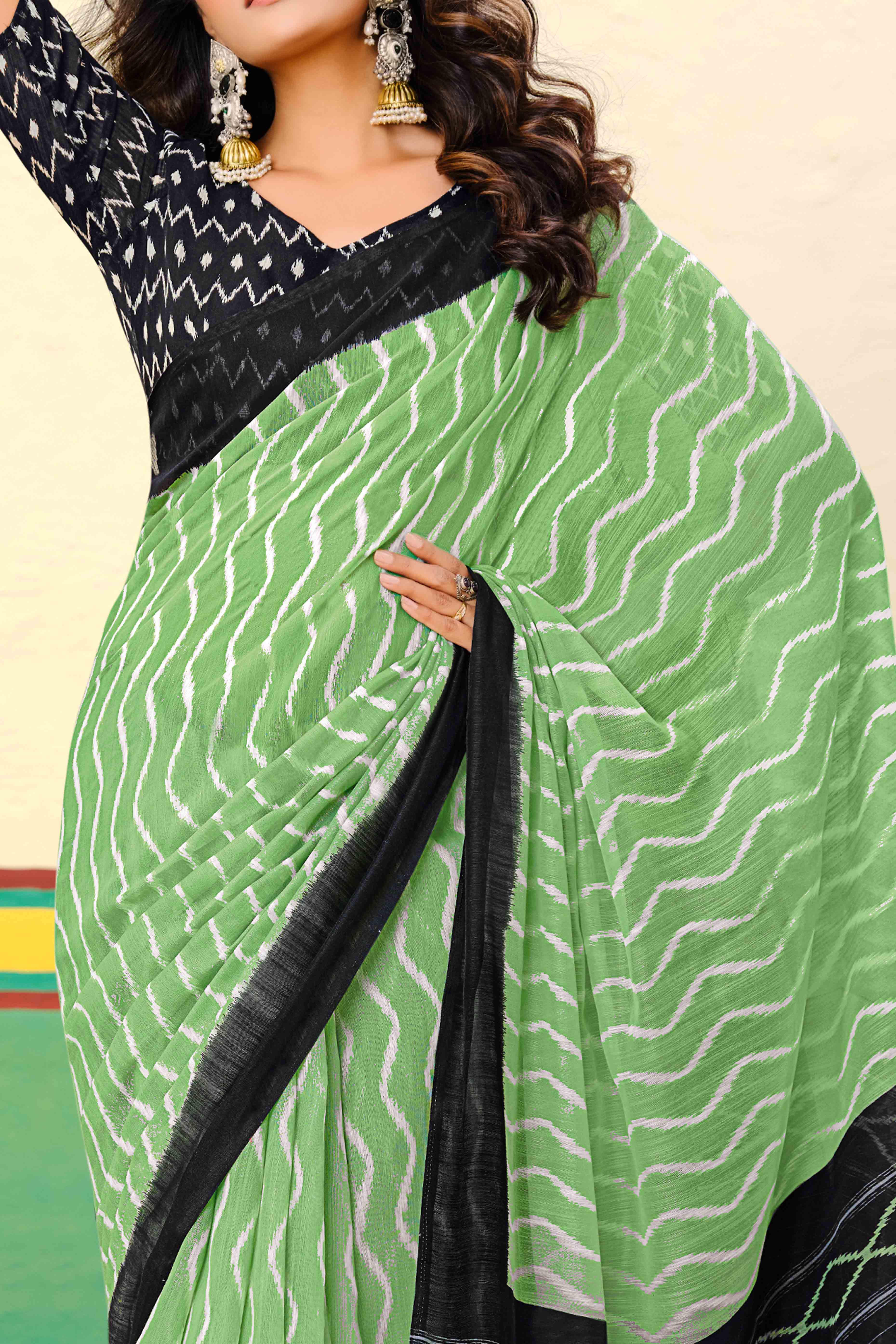Green Ikkat Printed Mulmul Cotton Saree