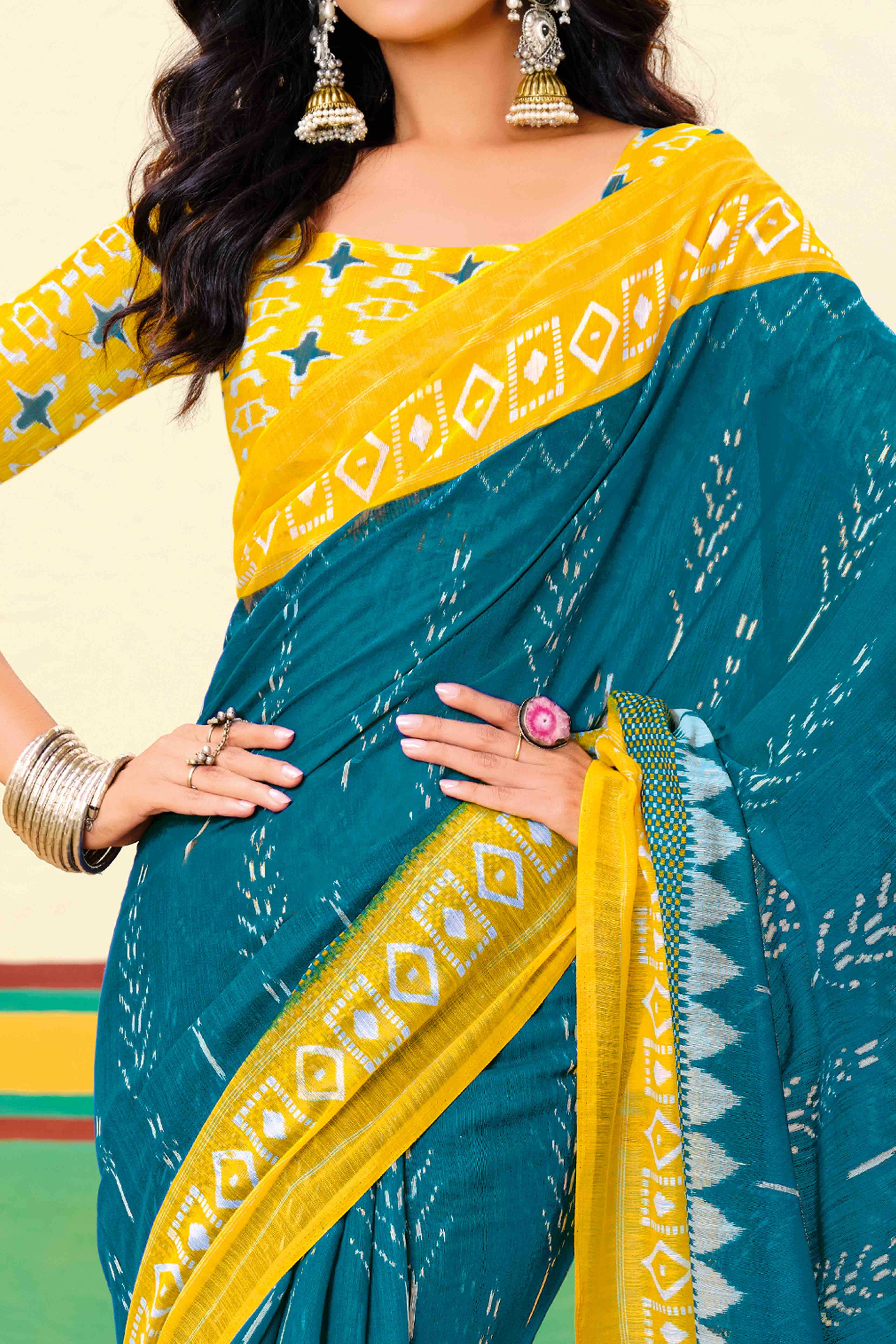 Teal Ikkat Printed Mulmul Cotton Saree