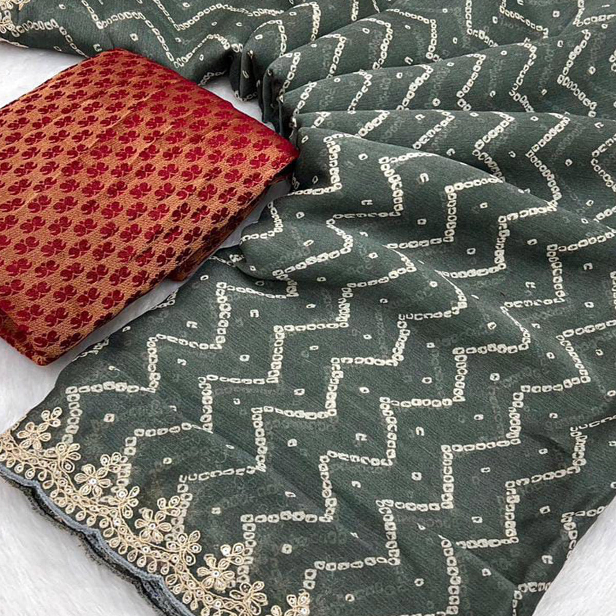 Grey Bandhani Printed Chiffon Saree With Sequins Embroidered Border