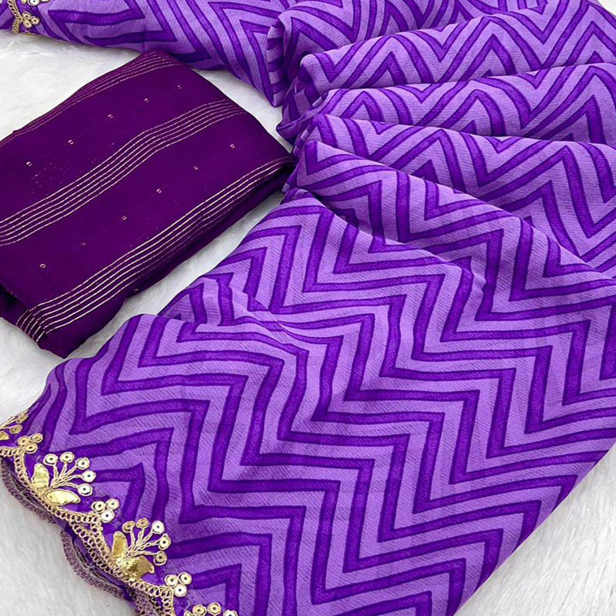 Purple Zig Zag Printed Chiffon Saree With Sequins Embroidered Border